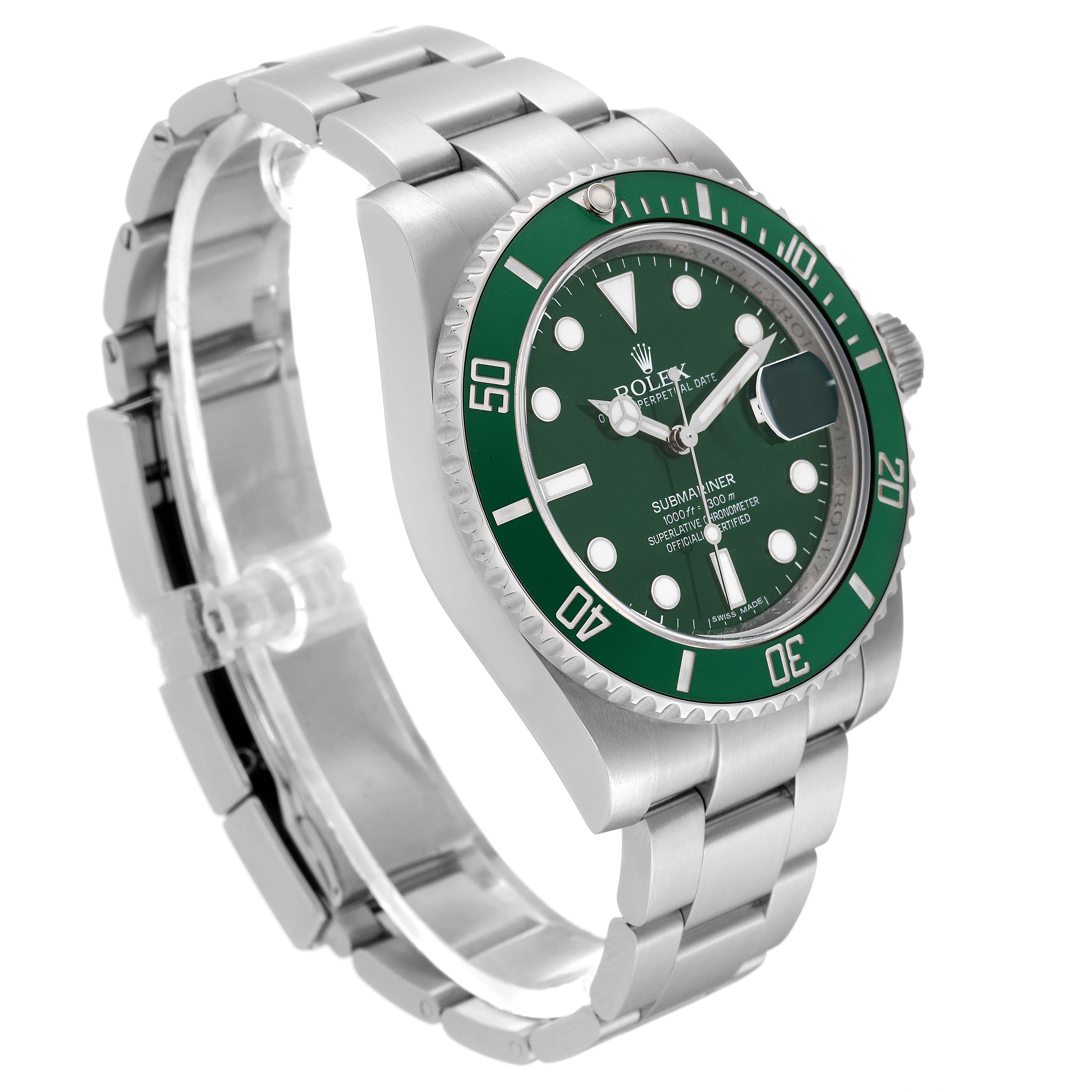 The Rolex Submariner 116610LV Men's Stainless Steel Green Dial 116610LV Men's Stainless Steel Green Dial watch is shown at a three-quarter angle, highlighting the bezel, dial, and bracelet.