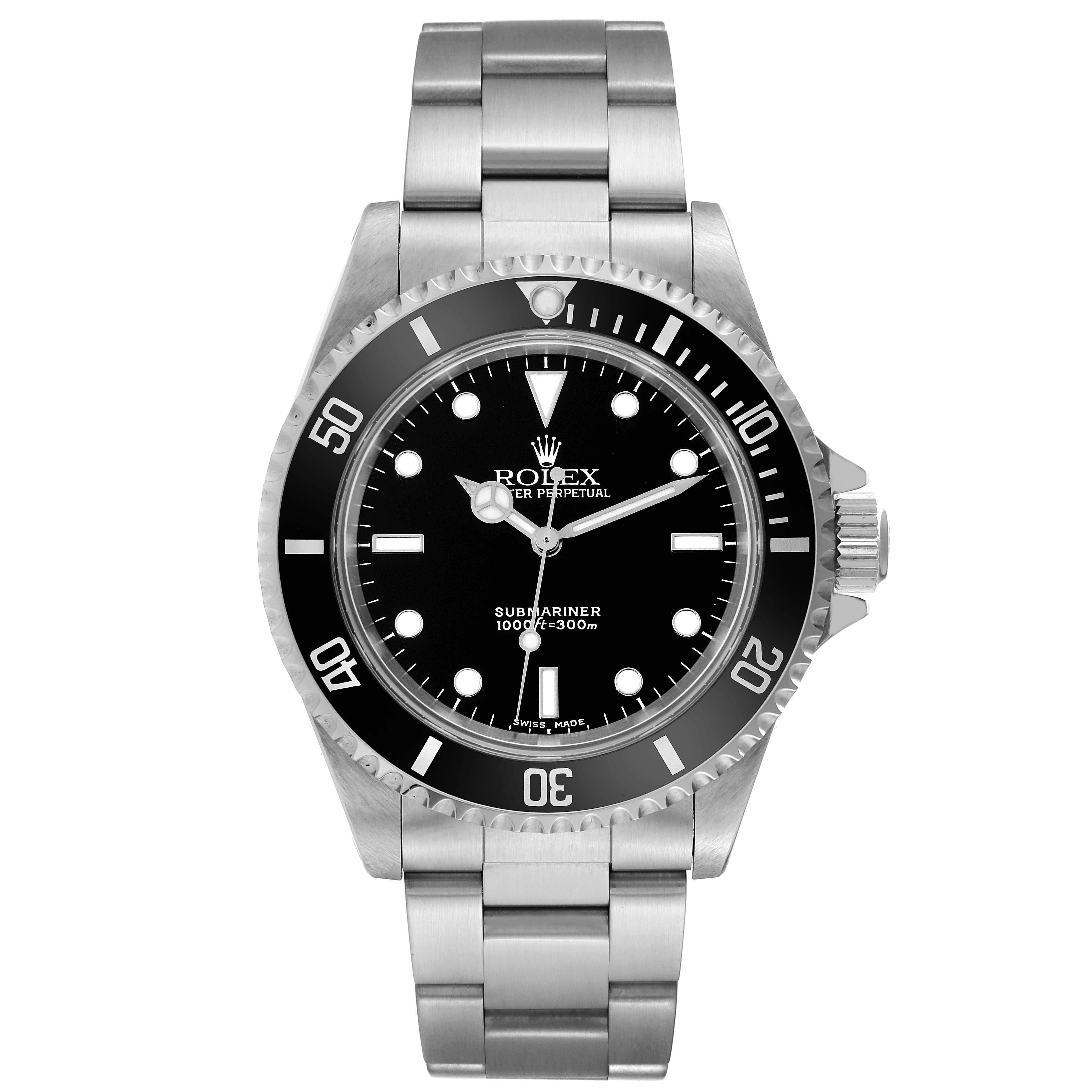 The image shows a front view of a Rolex Submariner 14060M Men
s Stainless Steel Black Dial 14060M Men
s Stainless Steel Black Dial watch, displaying its dial, bezel, and bracelet.