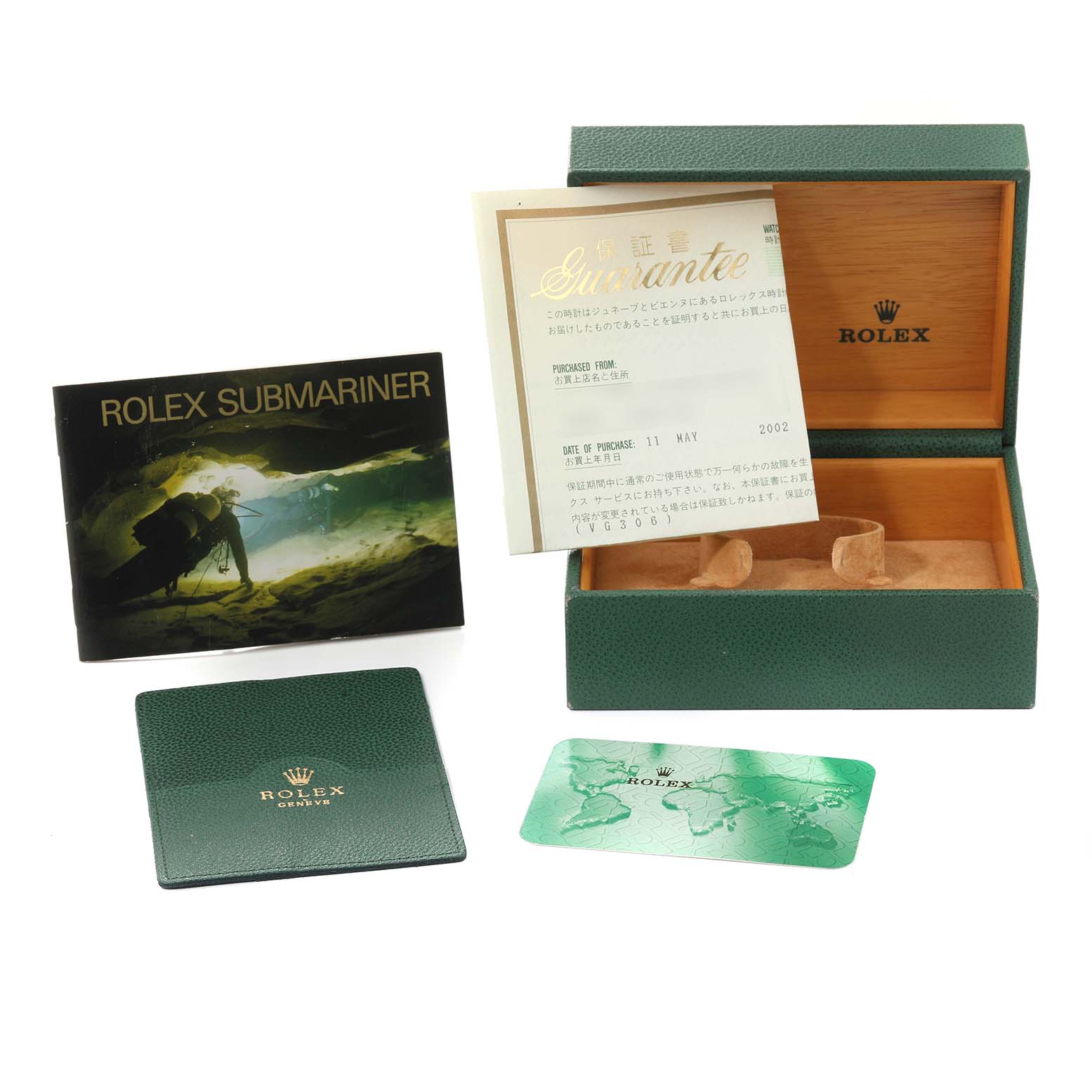 This image shows a Rolex Submariner 14060M Men
s Stainless Steel Black Dial 14060M Men
s Stainless Steel Black Dial watch box, a booklet, a guarantee card, and other related documents.