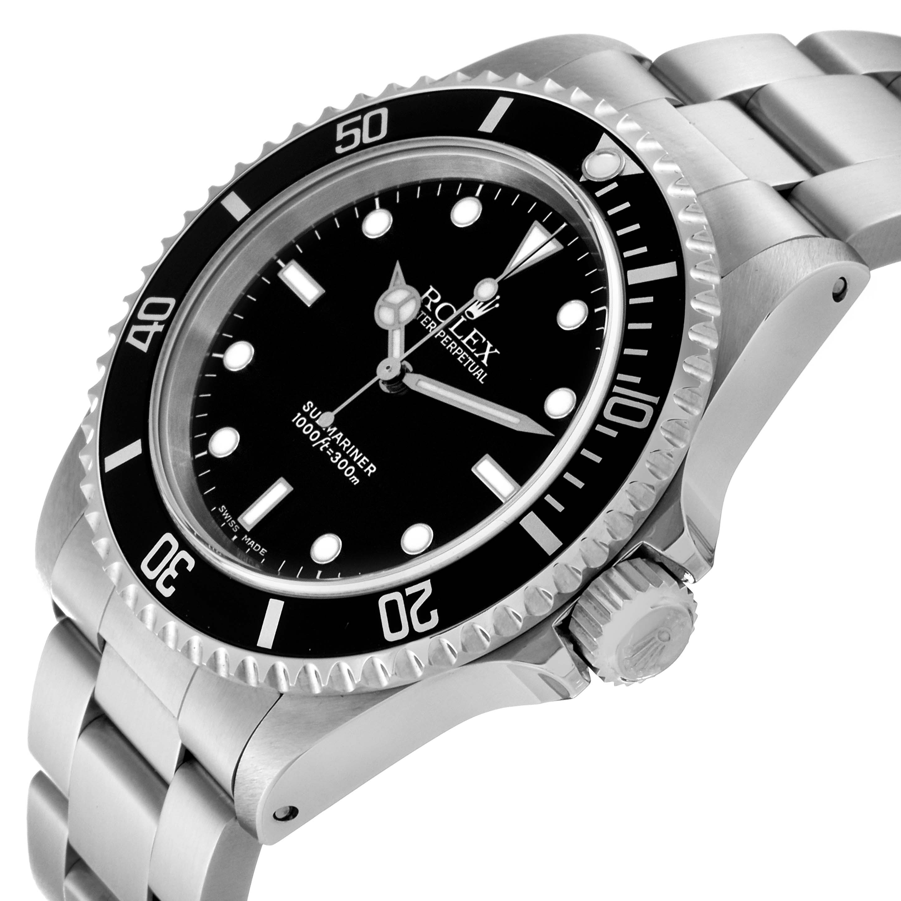 The image shows a side angle of the Rolex Submariner 14060M Men
s Stainless Steel Black Dial 14060M Men
s Stainless Steel Black Dial, highlighting the case, bezel, crown, and part of the bracelet.
