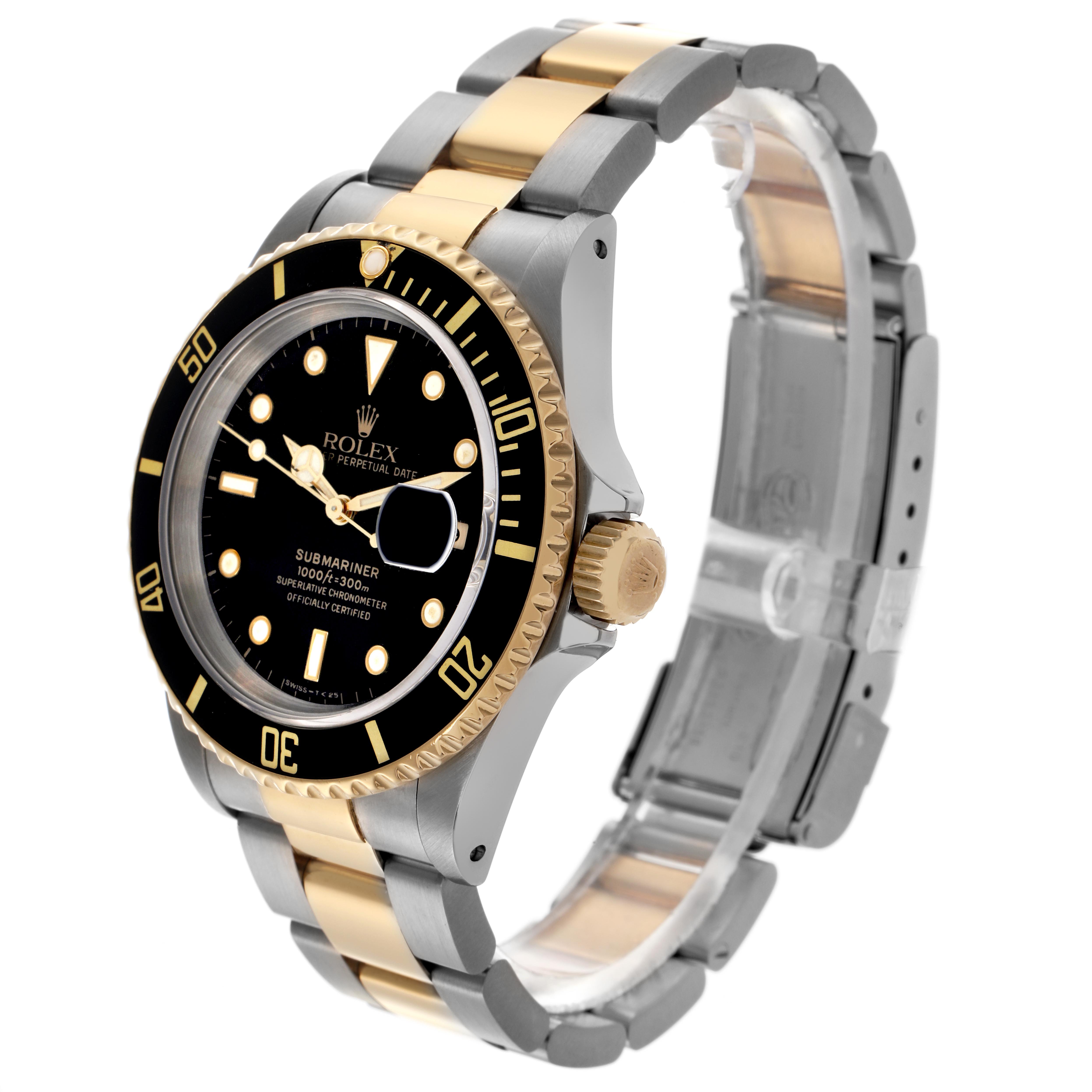 The Rolex Submariner 16613 Men's Steel and Gold (two tone) Black Dial 16613 Men's Steel and Gold (two tone) Black Dial is shown at a three-quarter angle, displaying the bezel, crown, dial, and bracelet.