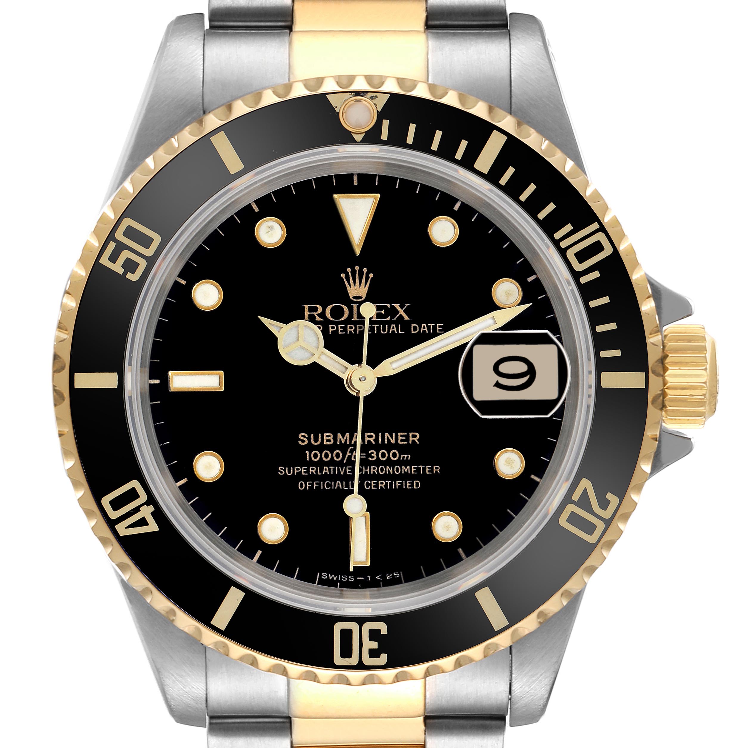 The image shows a frontal view of a Rolex Submariner 16613 Men's Steel and Gold (two tone) Black Dial 16613 Men's Steel and Gold (two tone) Black Dial, detailing the bezel, dial, hands, and date window.