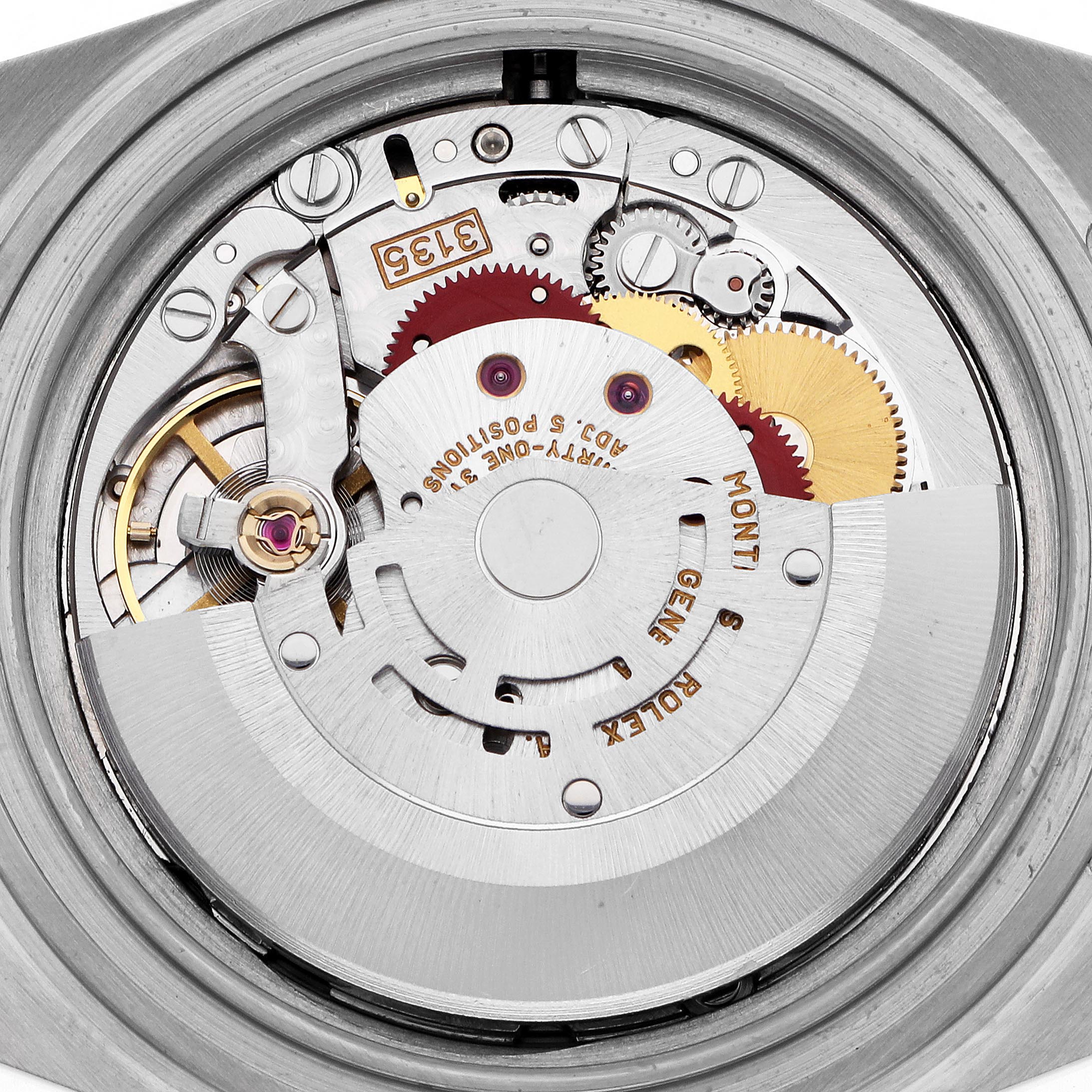 The image shows an overhead view of the Rolex Submariner 16613 Men's Steel and Gold (two tone) Black Dial 16613 Men's Steel and Gold (two tone) Black Dial's movement, highlighting its intricate internal components.