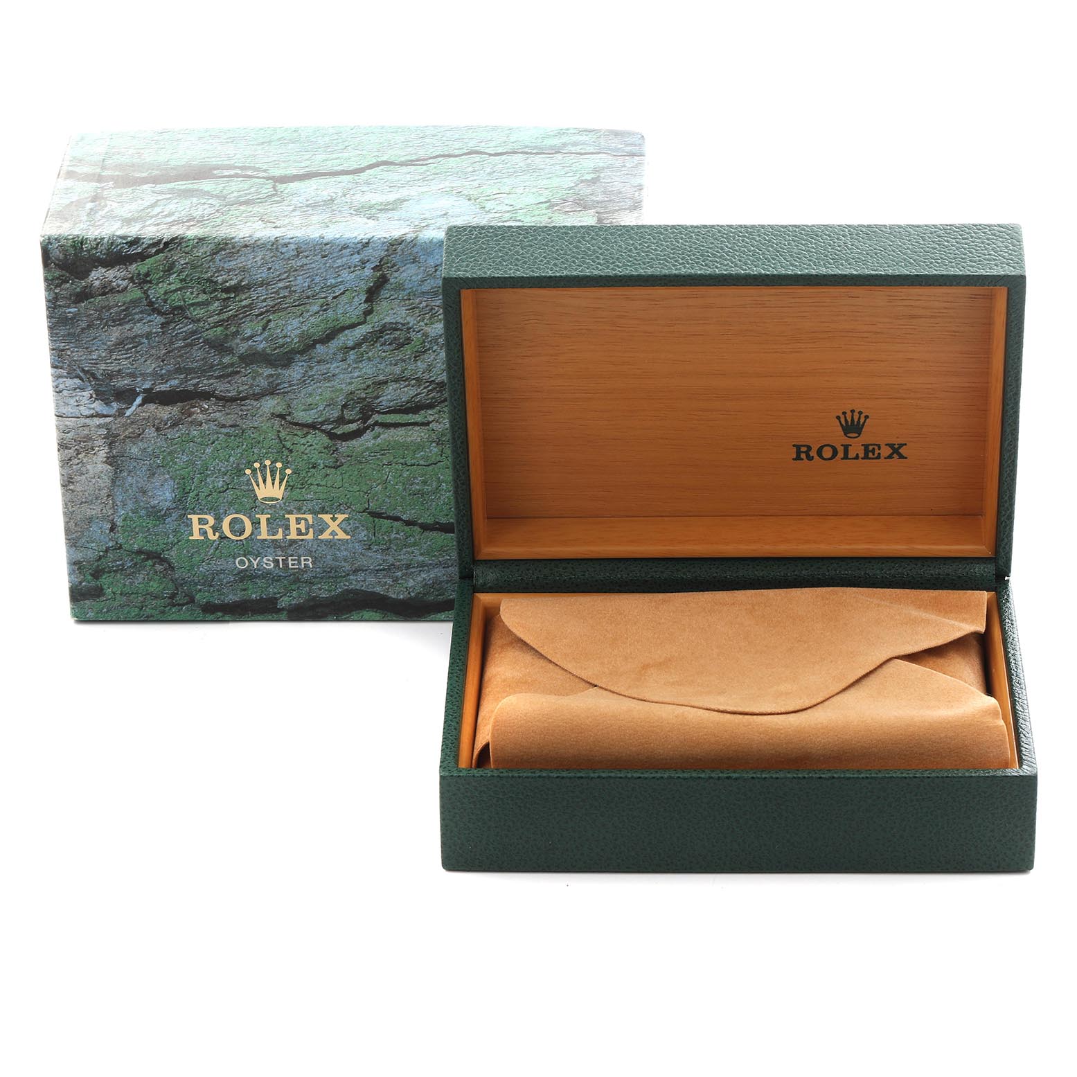 The image shows a Rolex Submariner 16613 Men's Steel and Gold (two tone) Black Dial 16613 Men's Steel and Gold (two tone) Black Dial watch box and outer packaging from a front angle, with the box open and a suede pouch inside.