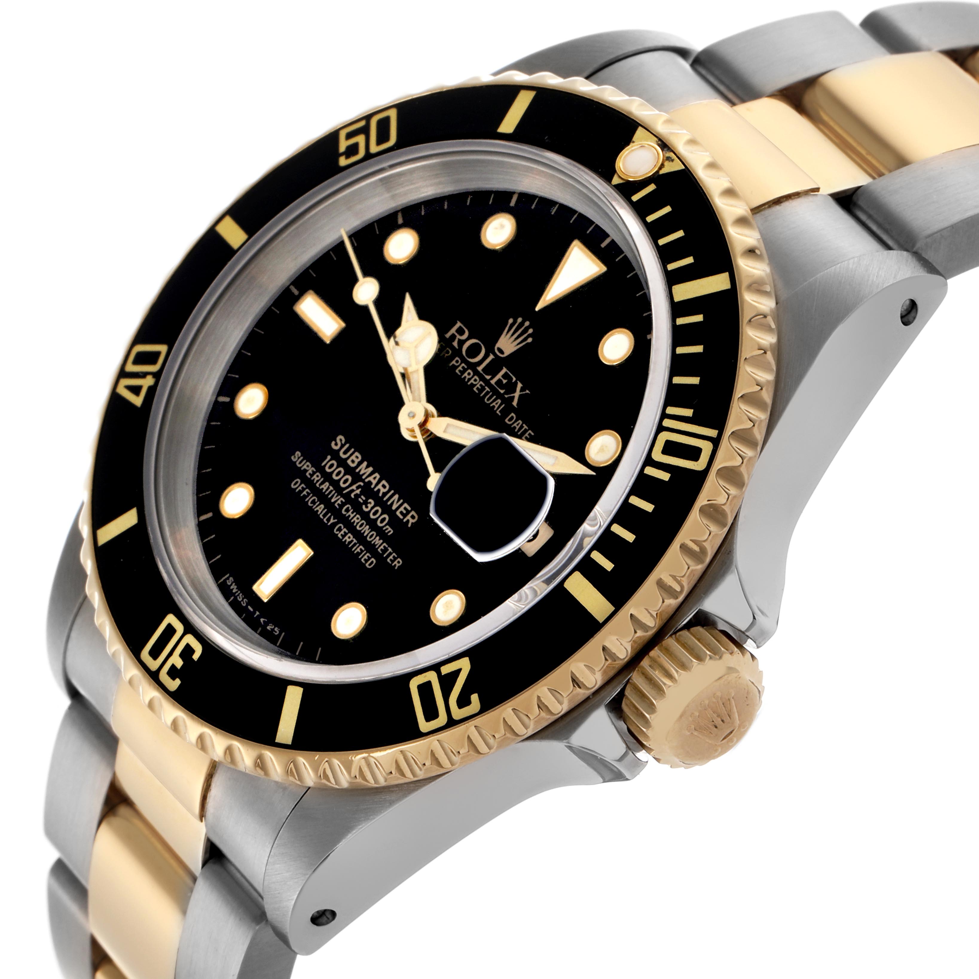 The image shows a Rolex Submariner 16613 Men's Steel and Gold (two tone) Black Dial 16613 Men's Steel and Gold (two tone) Black Dial at a three-quarter angle displaying the bezel, dial, crown, and part of the bracelet.