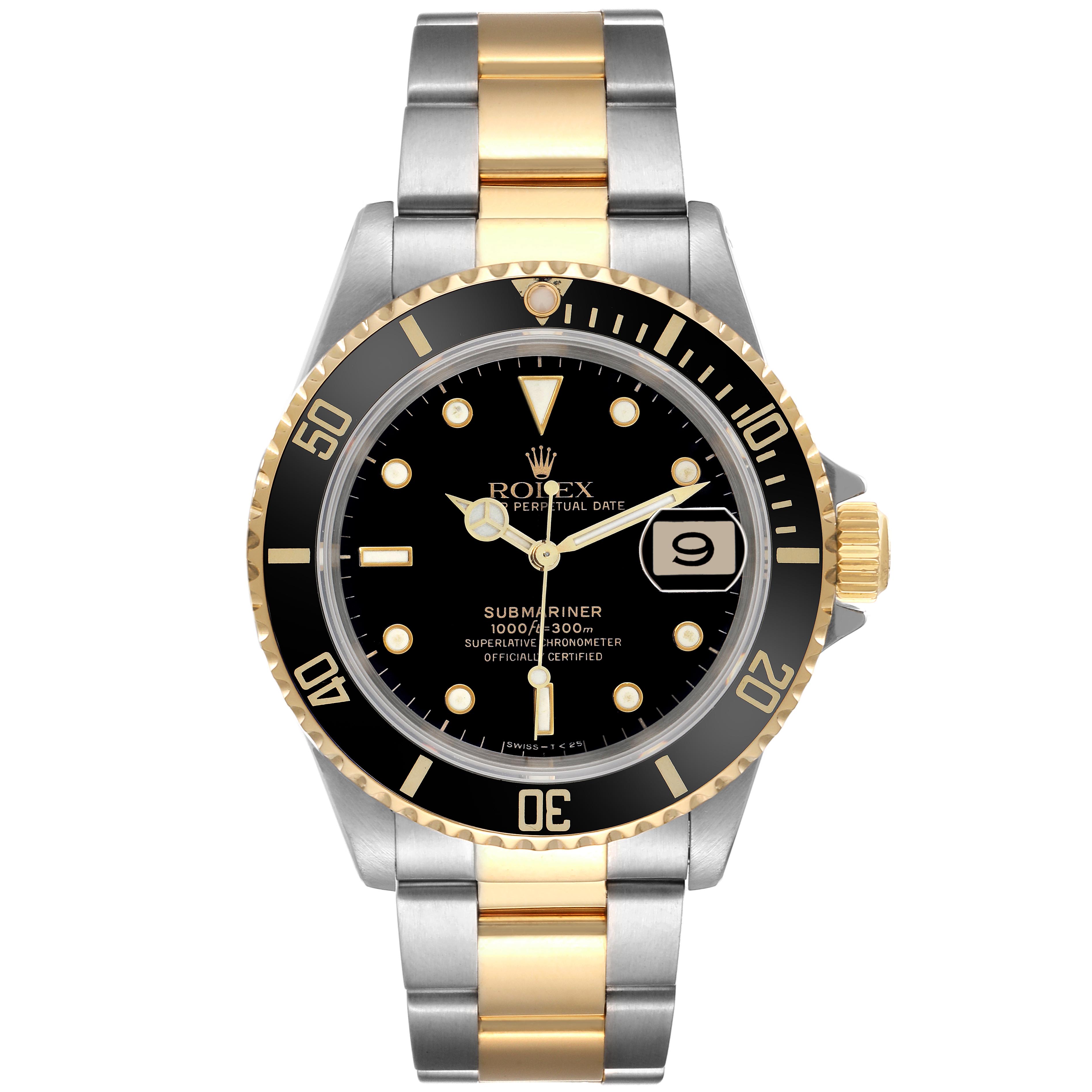 The Rolex Submariner 16613 Men's Steel and Gold (two tone) Black Dial 16613 Men's Steel and Gold (two tone) Black Dial watch is shown from the front, displaying the face, bezel, and bracelet in gold and silver tones.