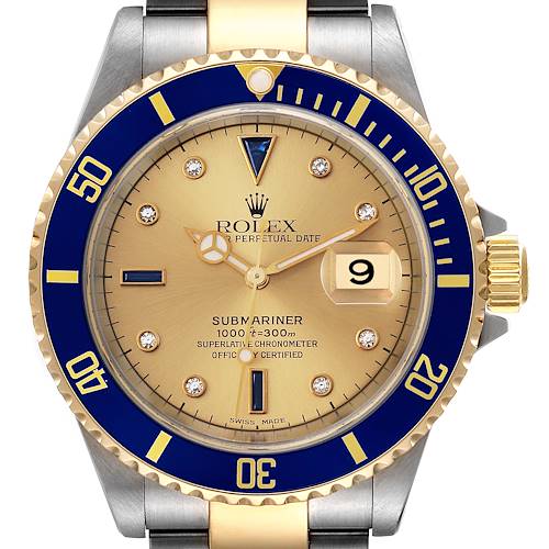 Photo of Rolex Submariner Steel Yellow Gold Diamond Sapphire Serti Dial Mens Watch 16613