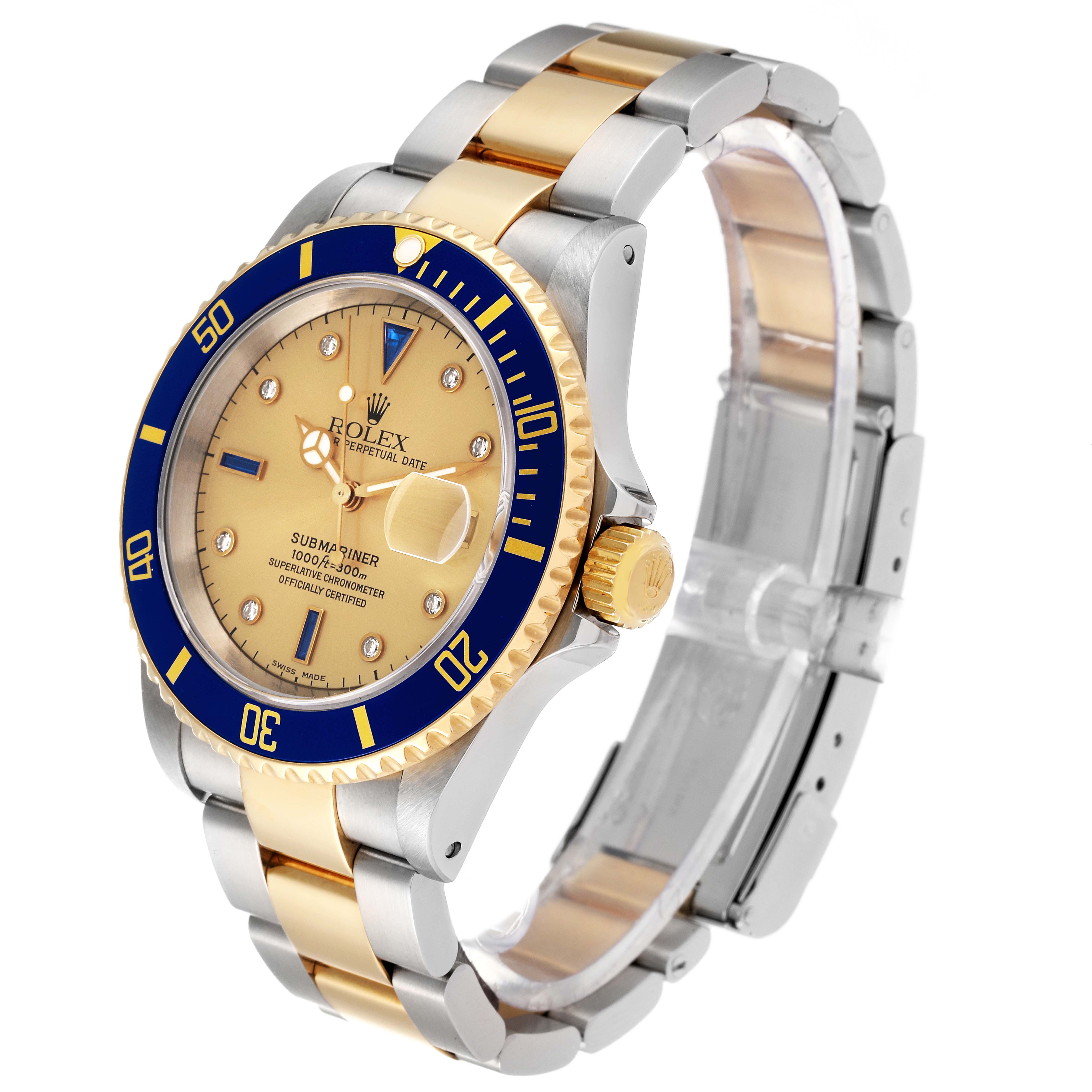 The image shows a Rolex Submariner 16613 Men's Steel and Gold (two tone) Champagne Dial 16613 Men's Steel and Gold (two tone) Champagne Dial watch at a slight angle, highlighting its gold and silver bracelet and blue bezel.