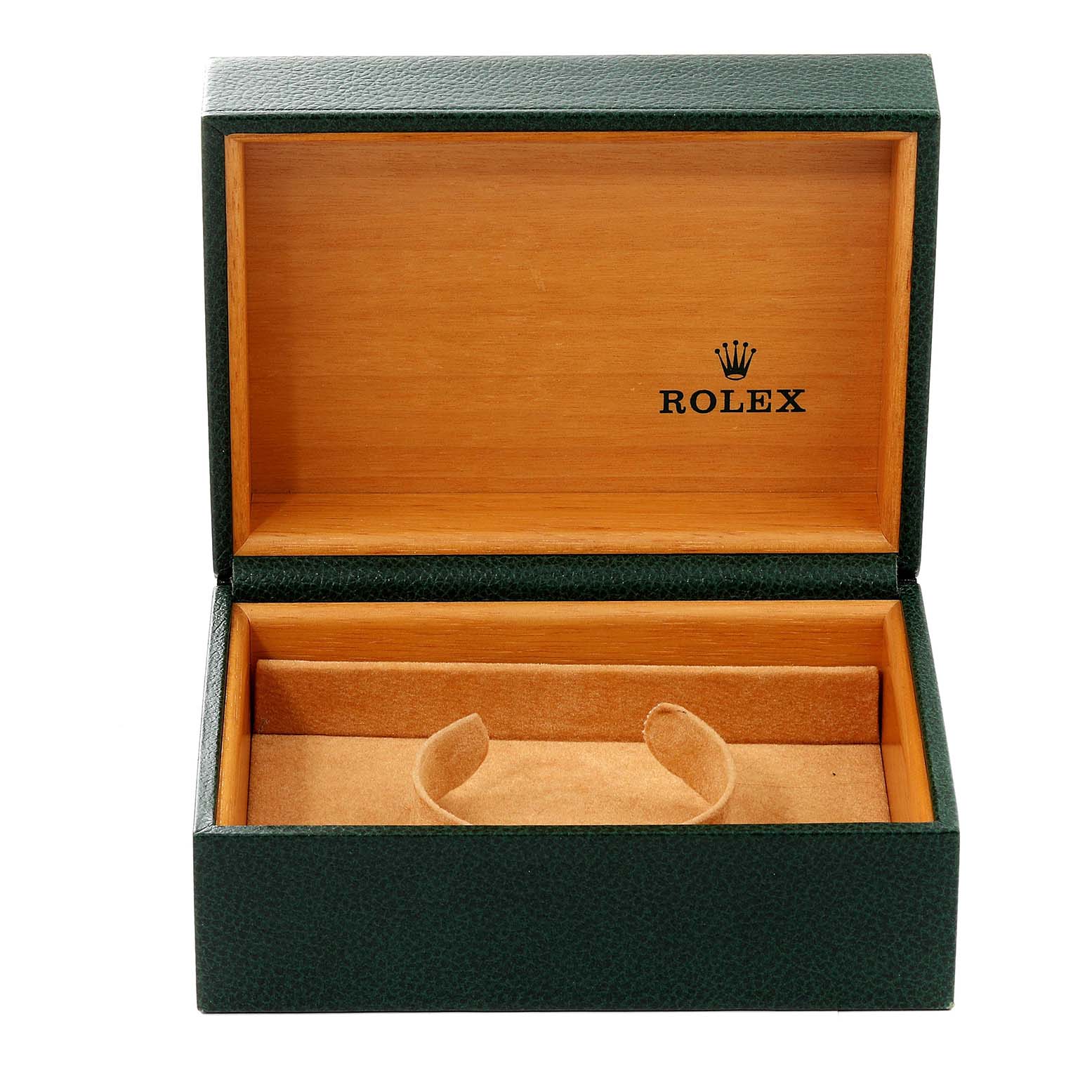 The image shows an open Rolex watch box for the Submariner model, displaying the inner lining and a cushion.