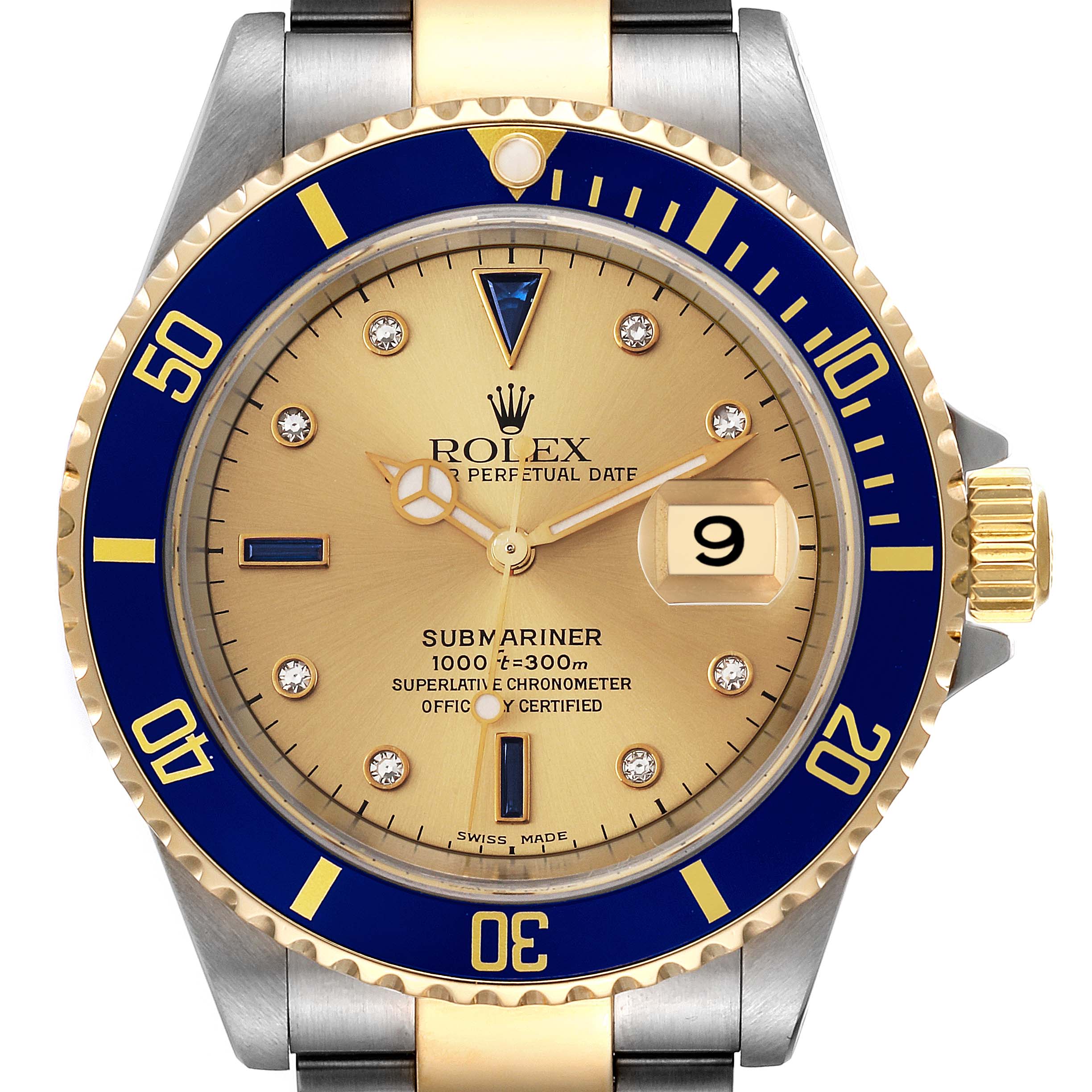 This image shows a front view of a Rolex Submariner 16613 Men's Steel and Gold (two tone) Champagne Dial 16613 Men's Steel and Gold (two tone) Champagne Dial, highlighting its gold dial, blue bezel, and date display.