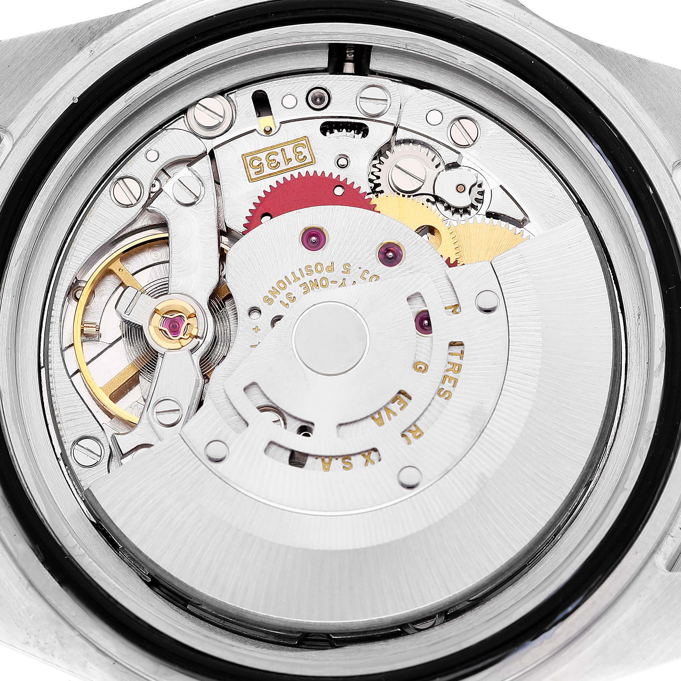 This image shows the internal movement mechanism of a Rolex Submariner 16613 Men's Steel and Gold (two tone) Champagne Dial 16613 Men's Steel and Gold (two tone) Champagne Dial watch, viewed from the back.
