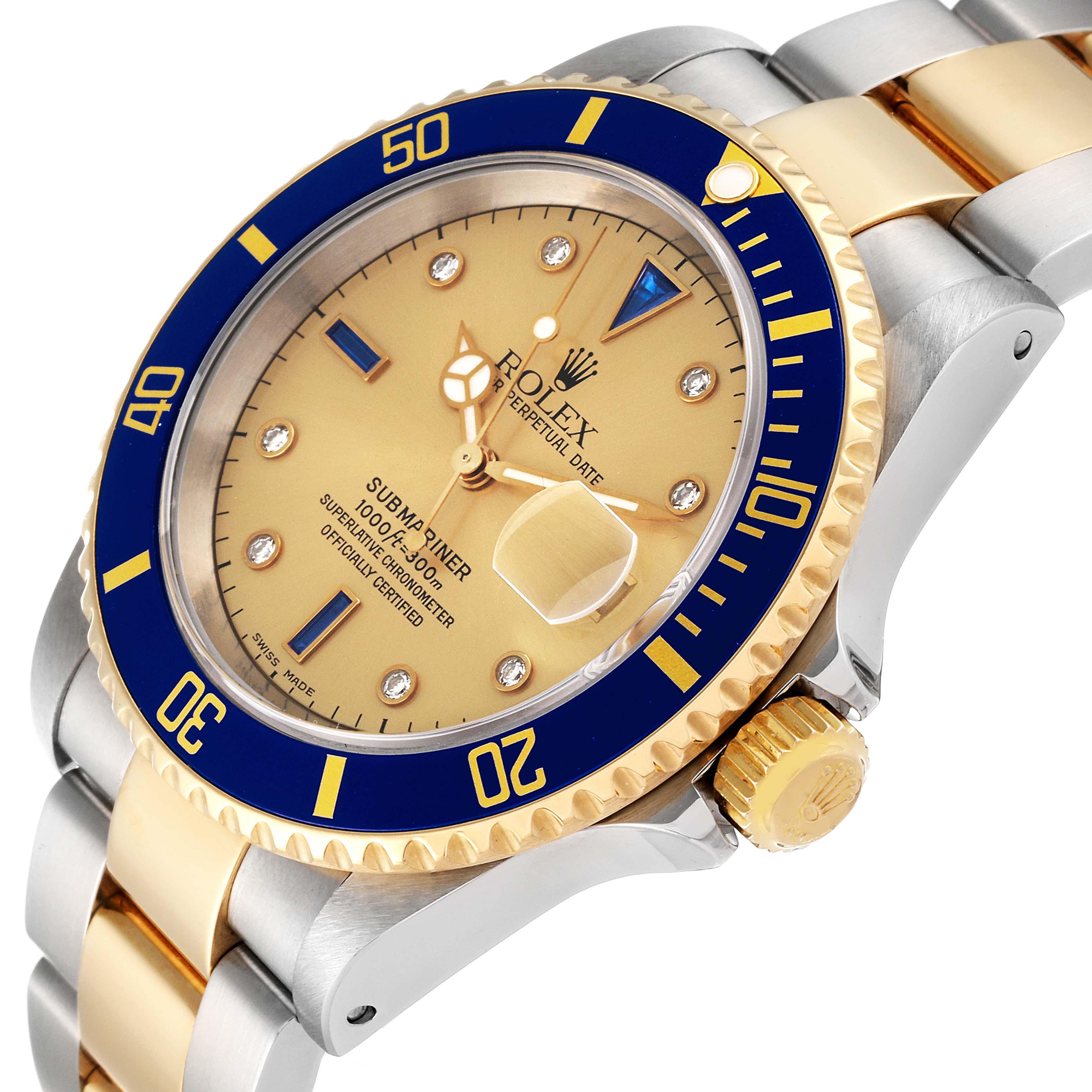 The image shows a close-up, angled view of a Rolex Submariner 16613 Men's Steel and Gold (two tone) Champagne Dial 16613 Men's Steel and Gold (two tone) Champagne Dial watch, highlighting its dial, bezel, crown, and part of the two-tone bracelet.