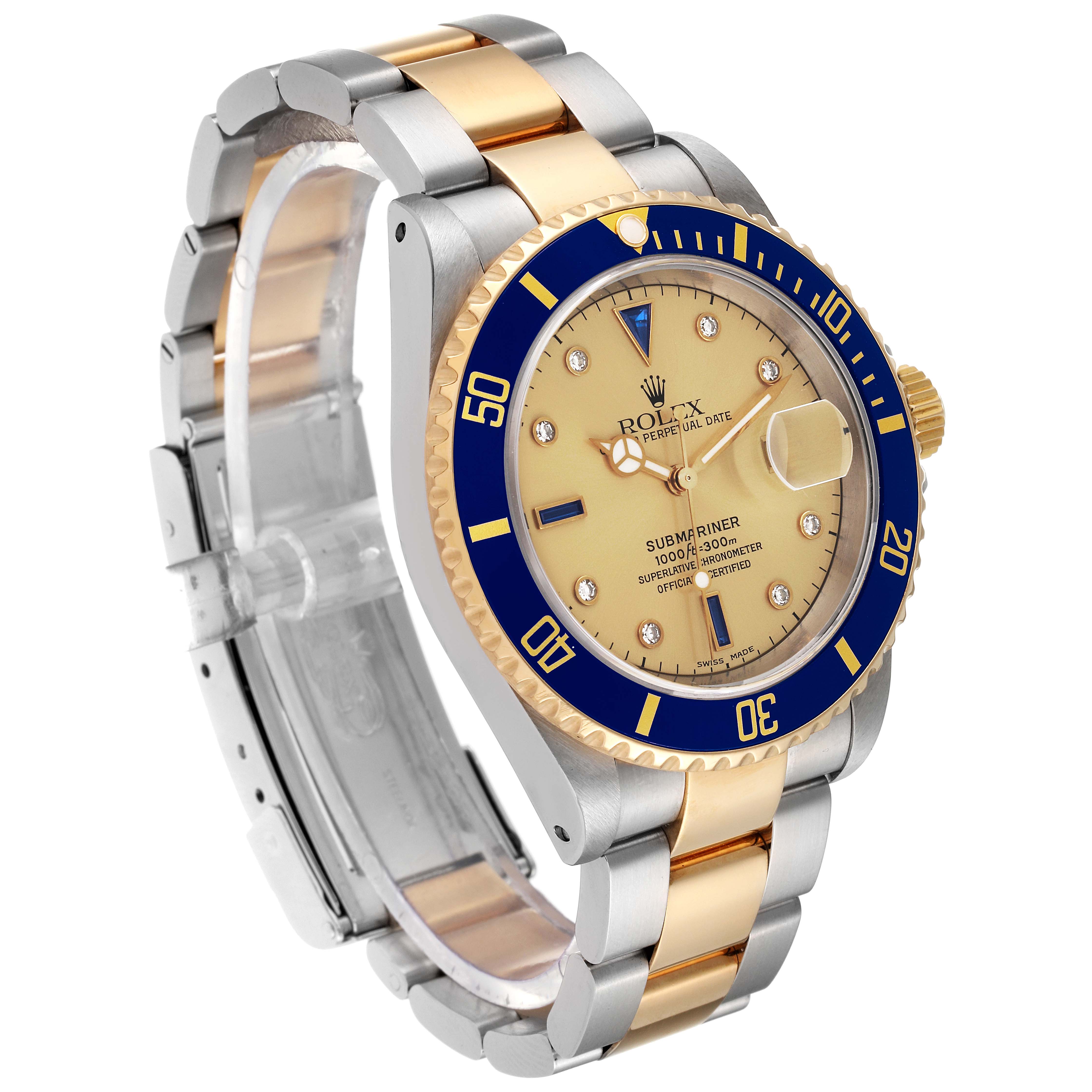 The image shows a side angle of the Rolex Submariner 16613 Men's Steel and Gold (two tone) Champagne Dial 16613 Men's Steel and Gold (two tone) Champagne Dial watch, highlighting the face, bezel, crown, and bracelet.