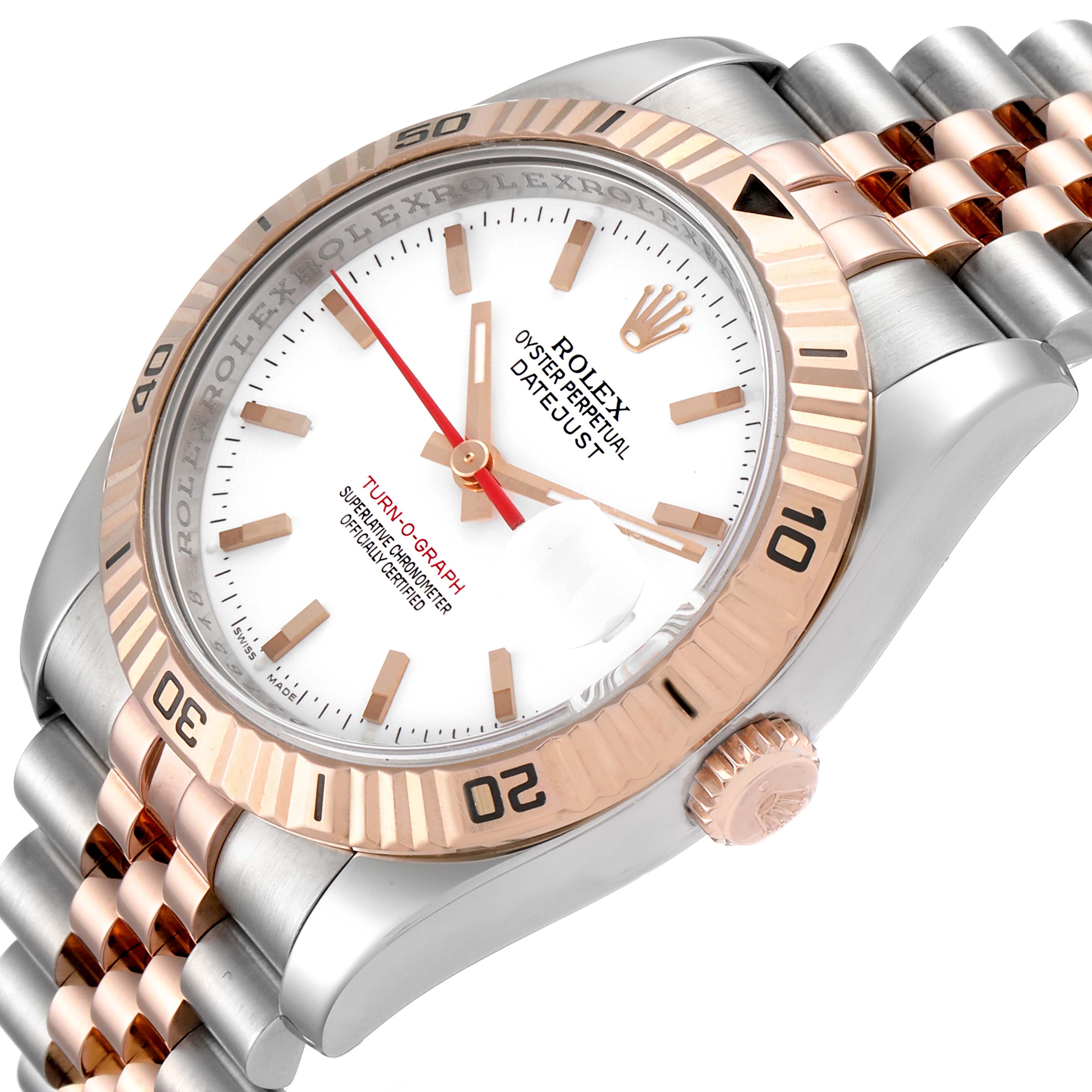 This image shows a Rolex Turn-o-Graph 116261 Men's Steel and Gold (two tone) White Dial 116261 Men's Steel and Gold (two tone) White Dial watch at an angled view, featuring its bezel, dial, hands, crown, and part of the bracelet.