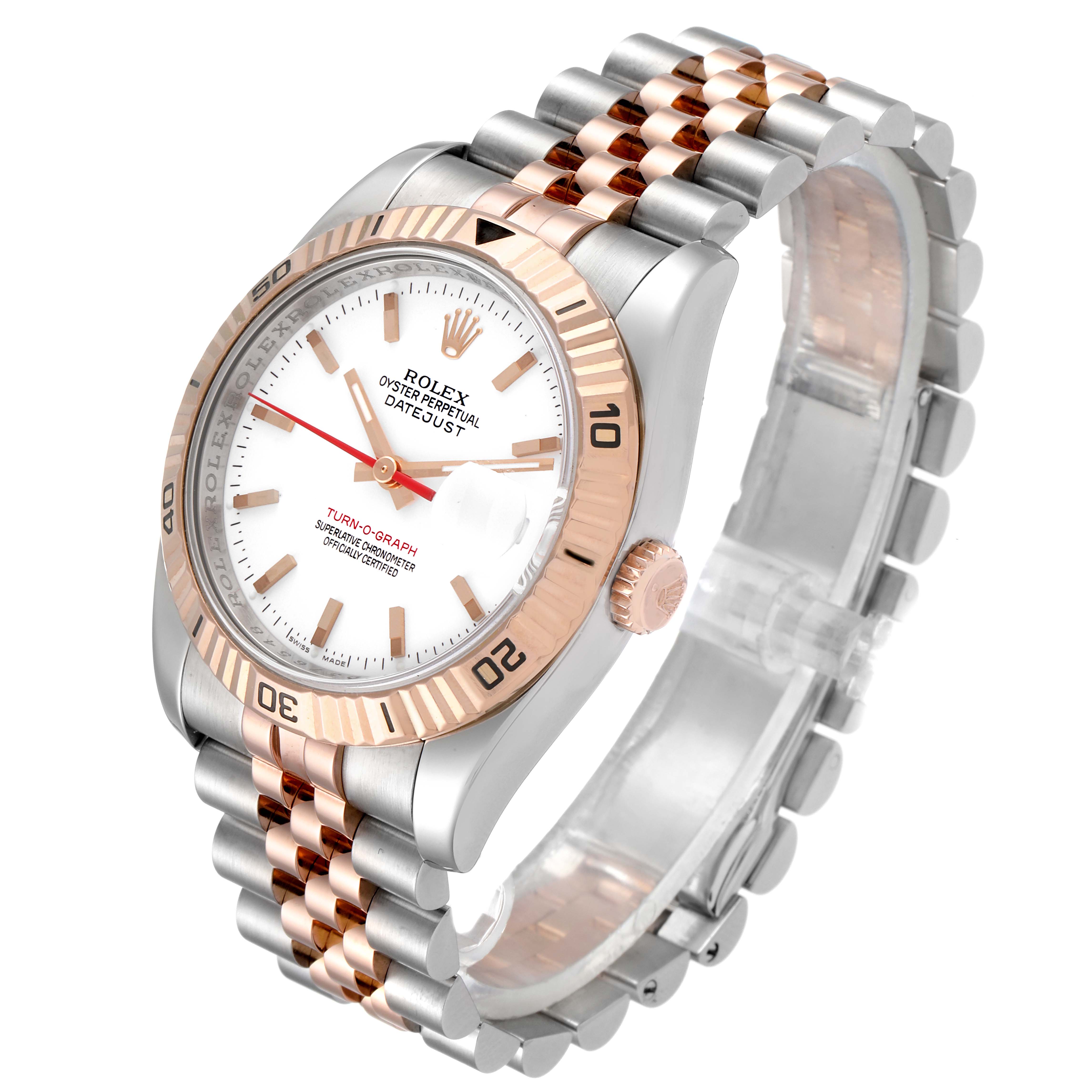 The Rolex Turn-o-Graph 116261 Men's Steel and Gold (two tone) White Dial 116261 Men's Steel and Gold (two tone) White Dial watch is shown from an angled top-down view, highlighting the dial, bezel, and bracelet.