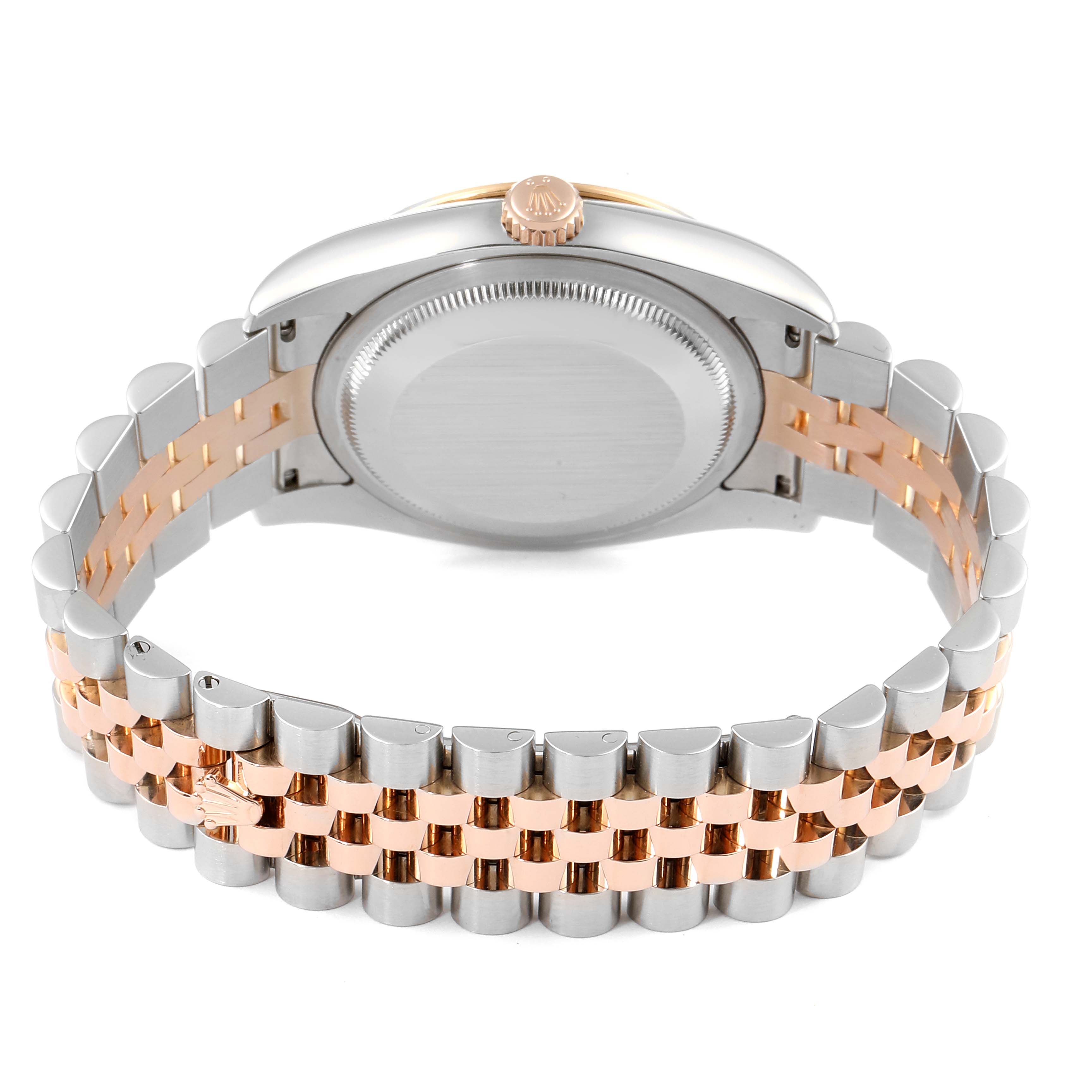 This image shows the back and bracelet of a Rolex Turn-o-Graph 116261 Men's Steel and Gold (two tone) White Dial 116261 Men's Steel and Gold (two tone) White Dial watch, highlighting the two-tone metal links and caseback.