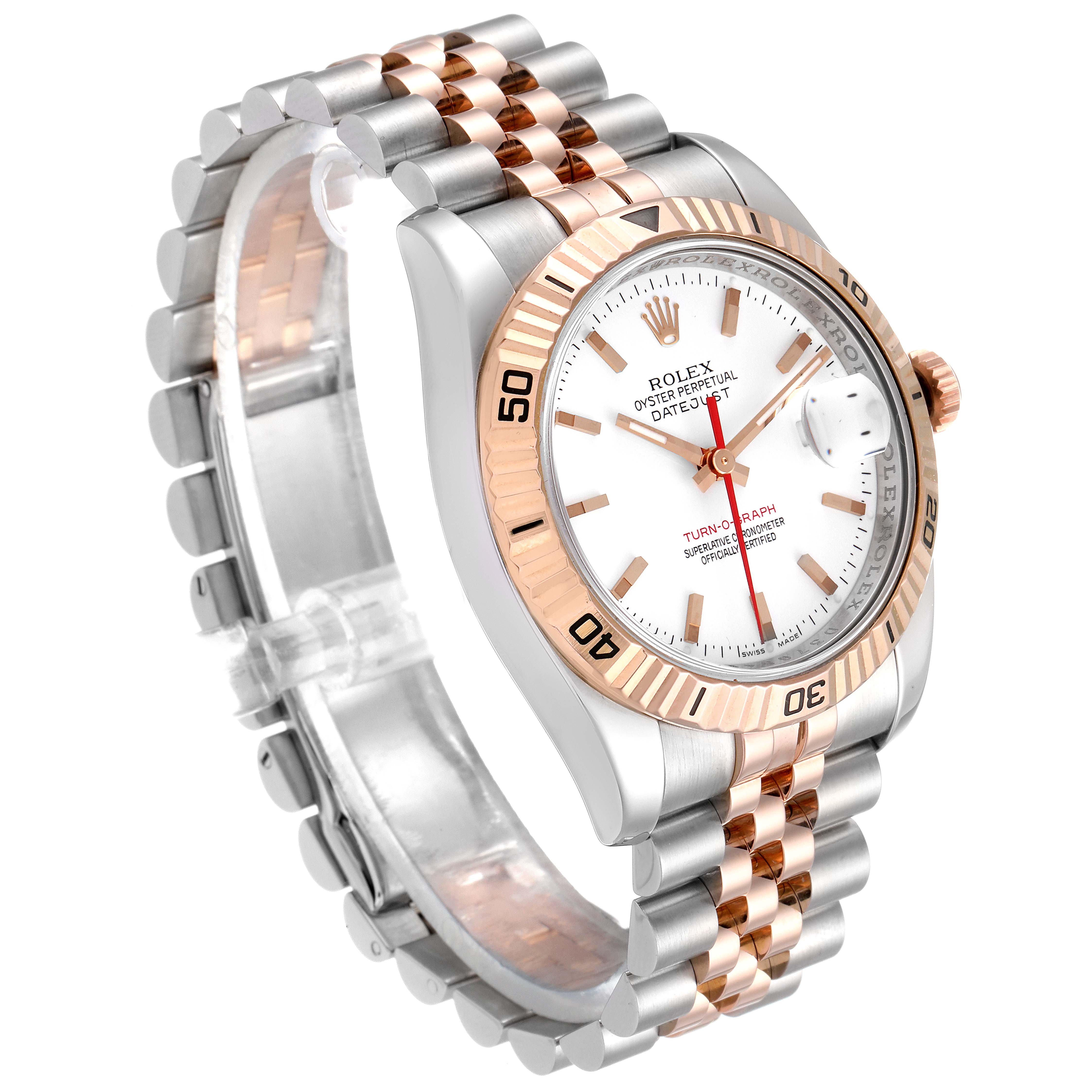 This Rolex Turn-o-Graph 116261 Men's Steel and Gold (two tone) White Dial 116261 Men's Steel and Gold (two tone) White Dial watch is shown at a three-quarter angle, highlighting its bezel, face, and jubilee bracelet.