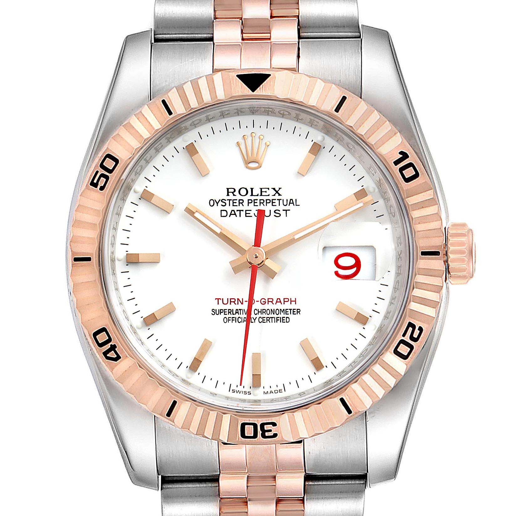 This image shows a front view of the Rolex Turn-o-Graph 116261 Men's Steel and Gold (two tone) White Dial 116261 Men's Steel and Gold (two tone) White Dial watch, displaying its face, bezel, and part of the bracelet.