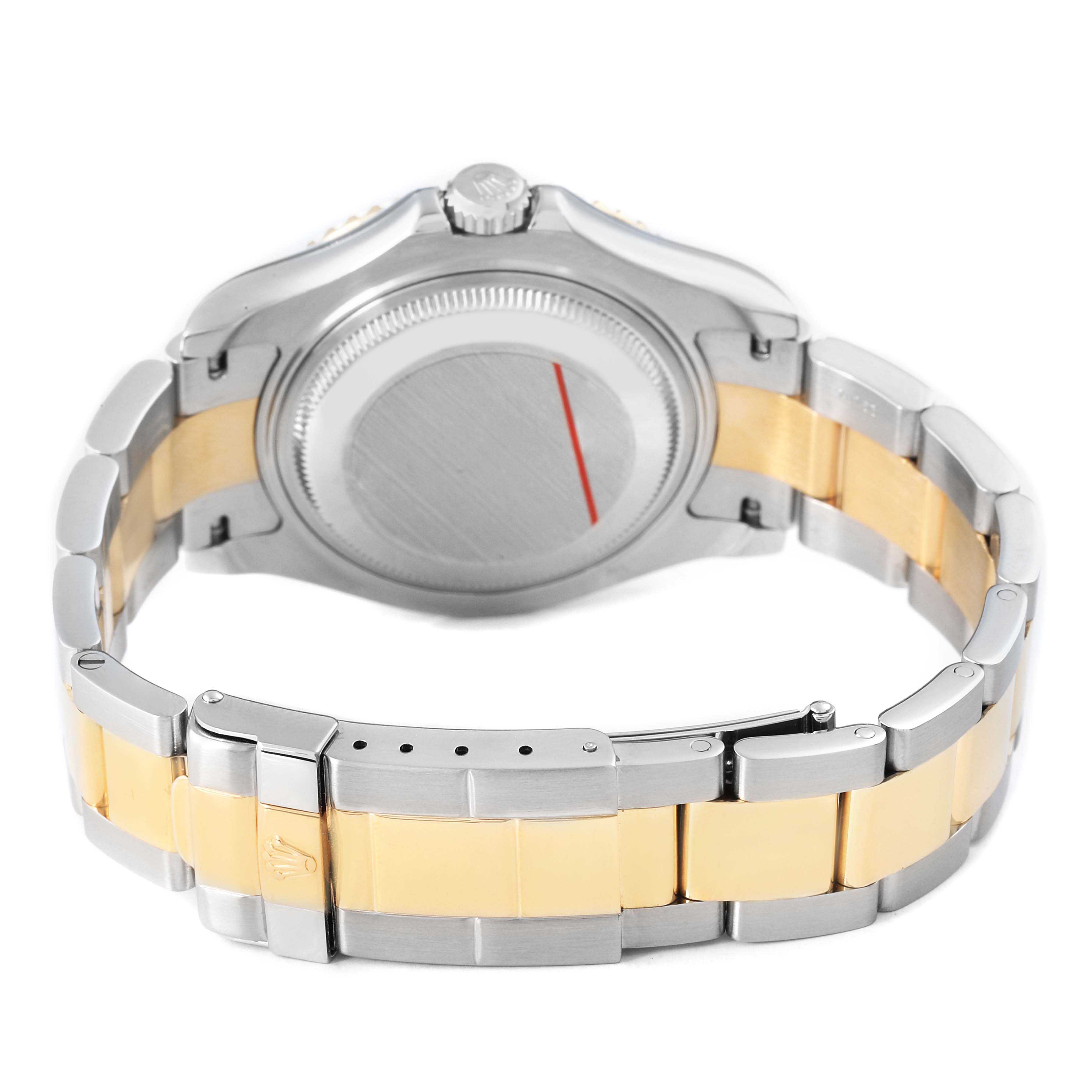 The image shows the back of a Rolex Yacht-Master 168623 Men's Steel and Gold (two tone) Grey Dial watch, highlighting the case, crown, and two-tone bracelet.