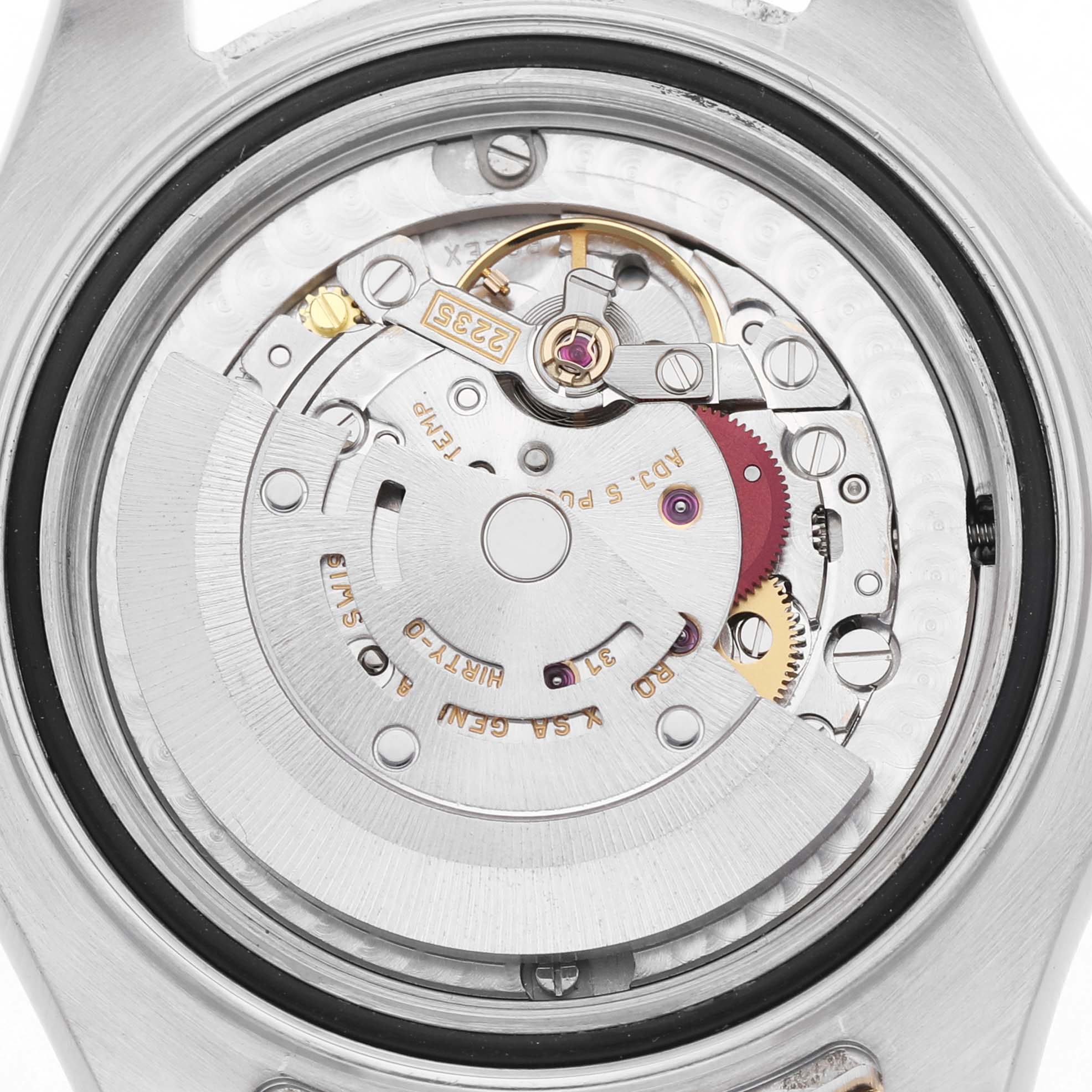 The image shows the movement and internal mechanics of a Rolex Yacht-Master 168623 Men's Steel and Gold (two tone) Grey Dial watch from the back.