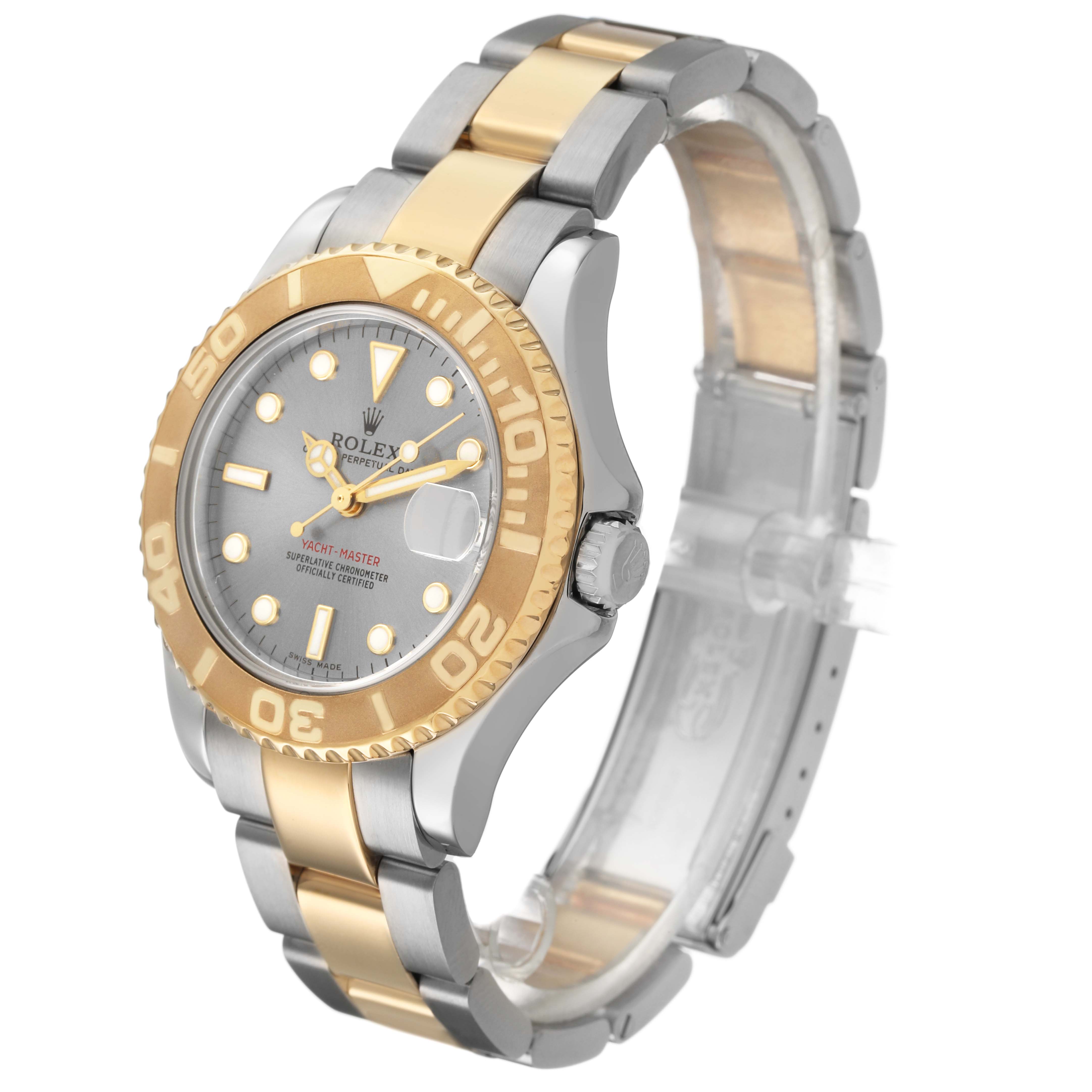 The Rolex Yacht-Master 168623 Men's Steel and Gold (two tone) Grey Dial watch is shown at a three-quarter angle, highlighting its face, bezel, and two-tone bracelet.