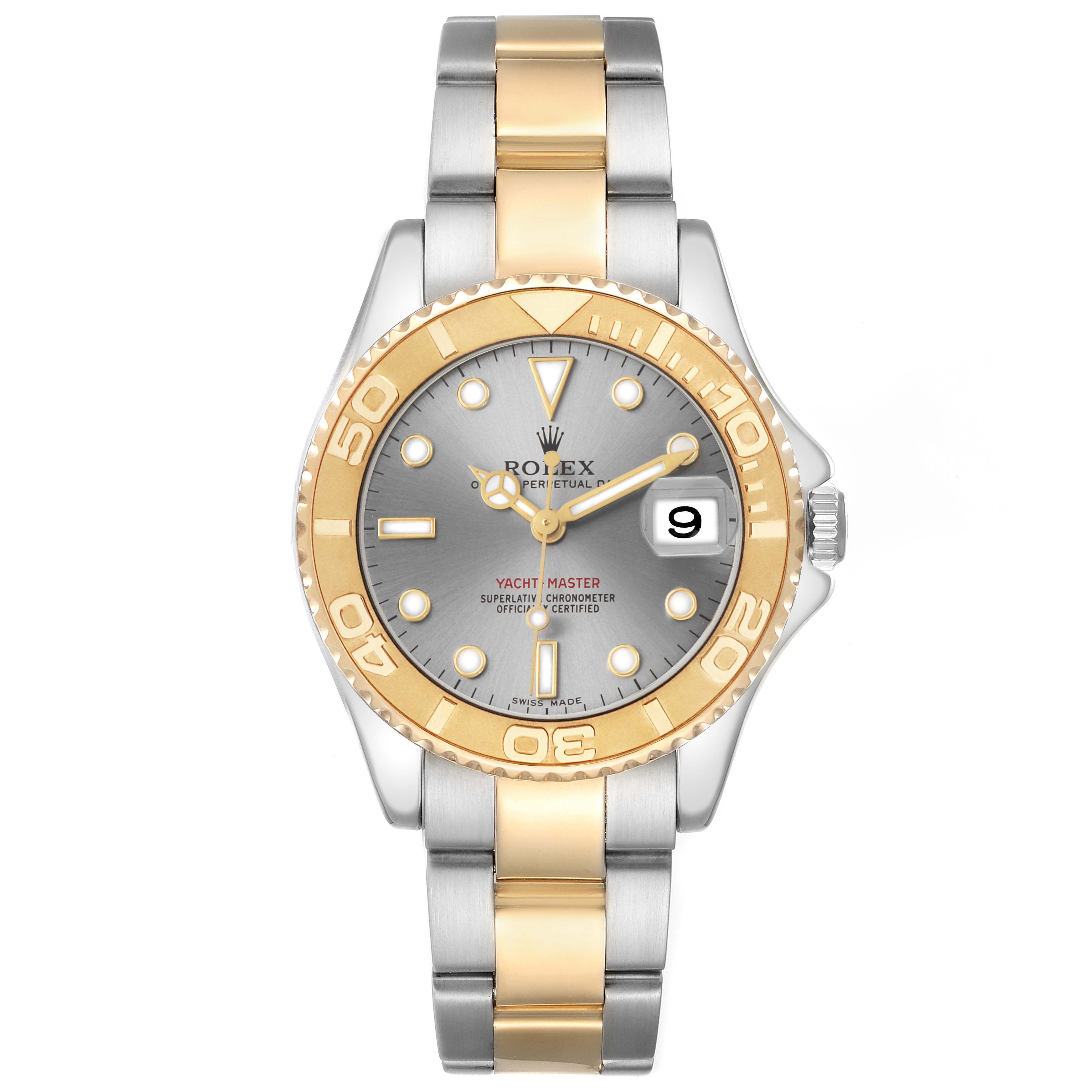 The Rolex Yacht-Master 168623 Men's Steel and Gold (two tone) Grey Dial watch is shown from a front angle, highlighting its bezel, dial, and bracelet.