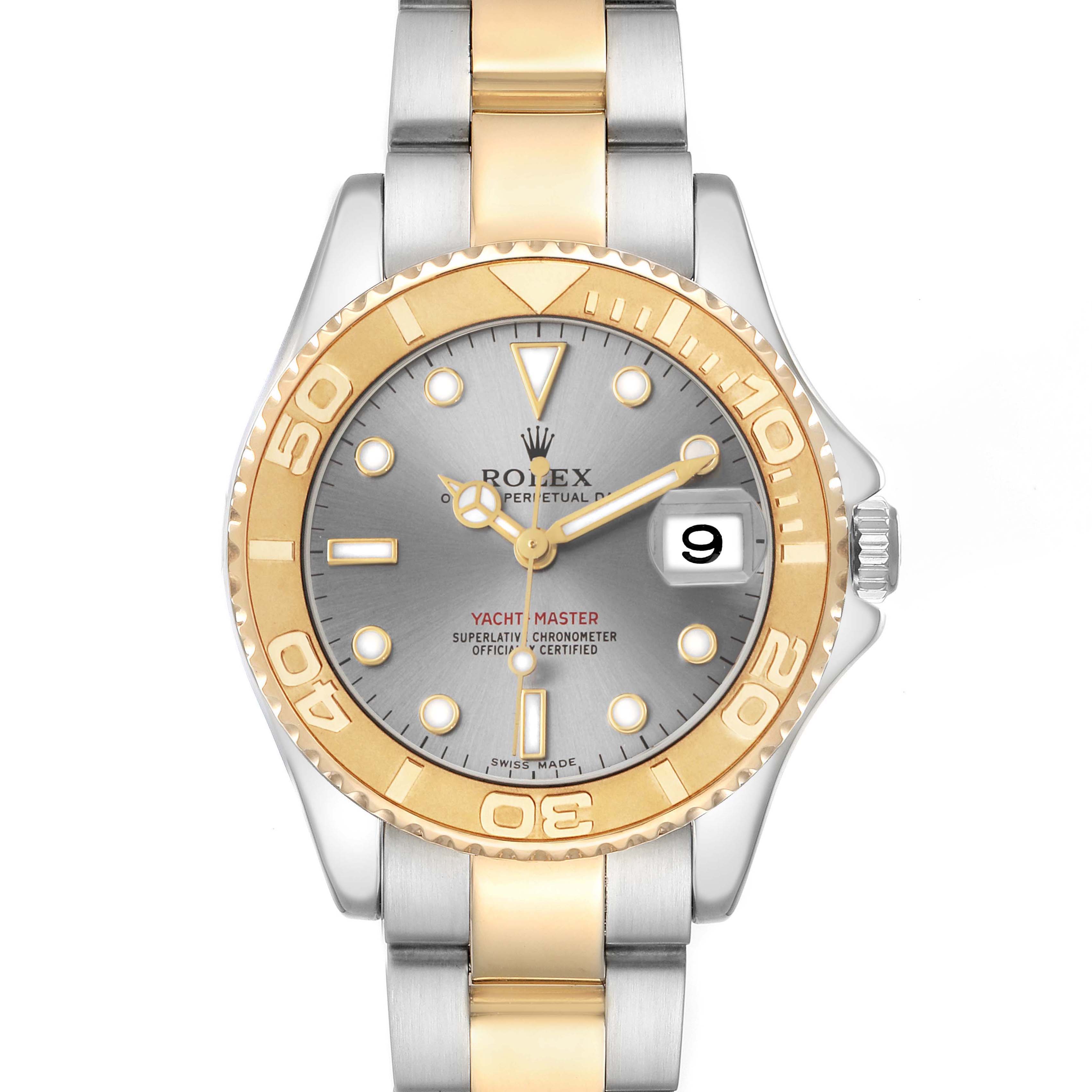 The Rolex Yacht-Master 168623 Men's Steel and Gold (two tone) Grey Dial watch is shown from a top-down angle, highlighting its bezel, dial, and bracelet.