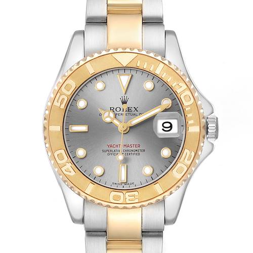 The Rolex Yacht-Master 168623 Men's Steel and Gold (two tone) Grey Dial watch is shown from the front, highlighting the dial, bezel, and bracelet.