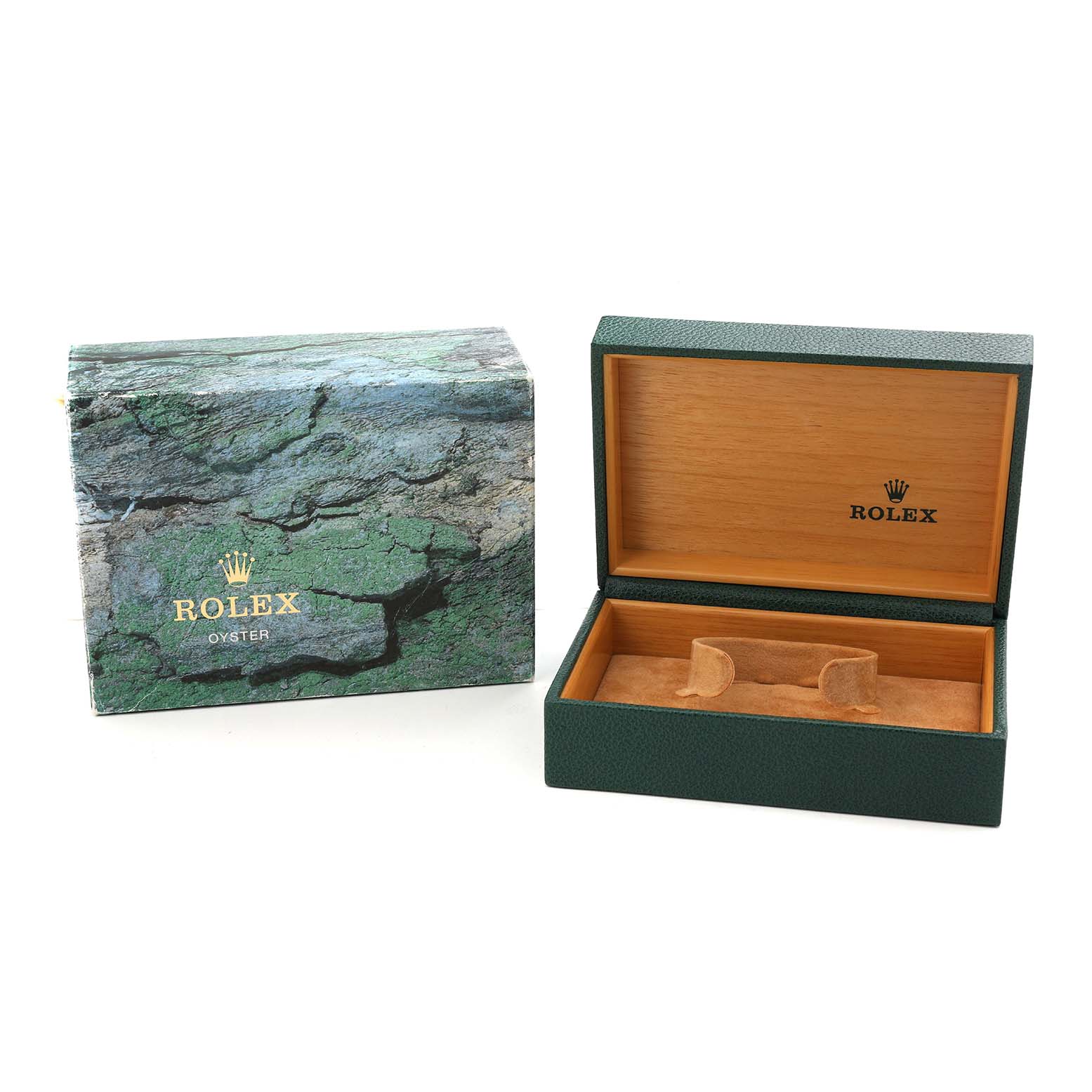 The image shows the packaging for a Rolex Yacht-Master 168623 Men's Steel and Gold (two tone) Grey Dial, featuring an open green box and its outer packaging.