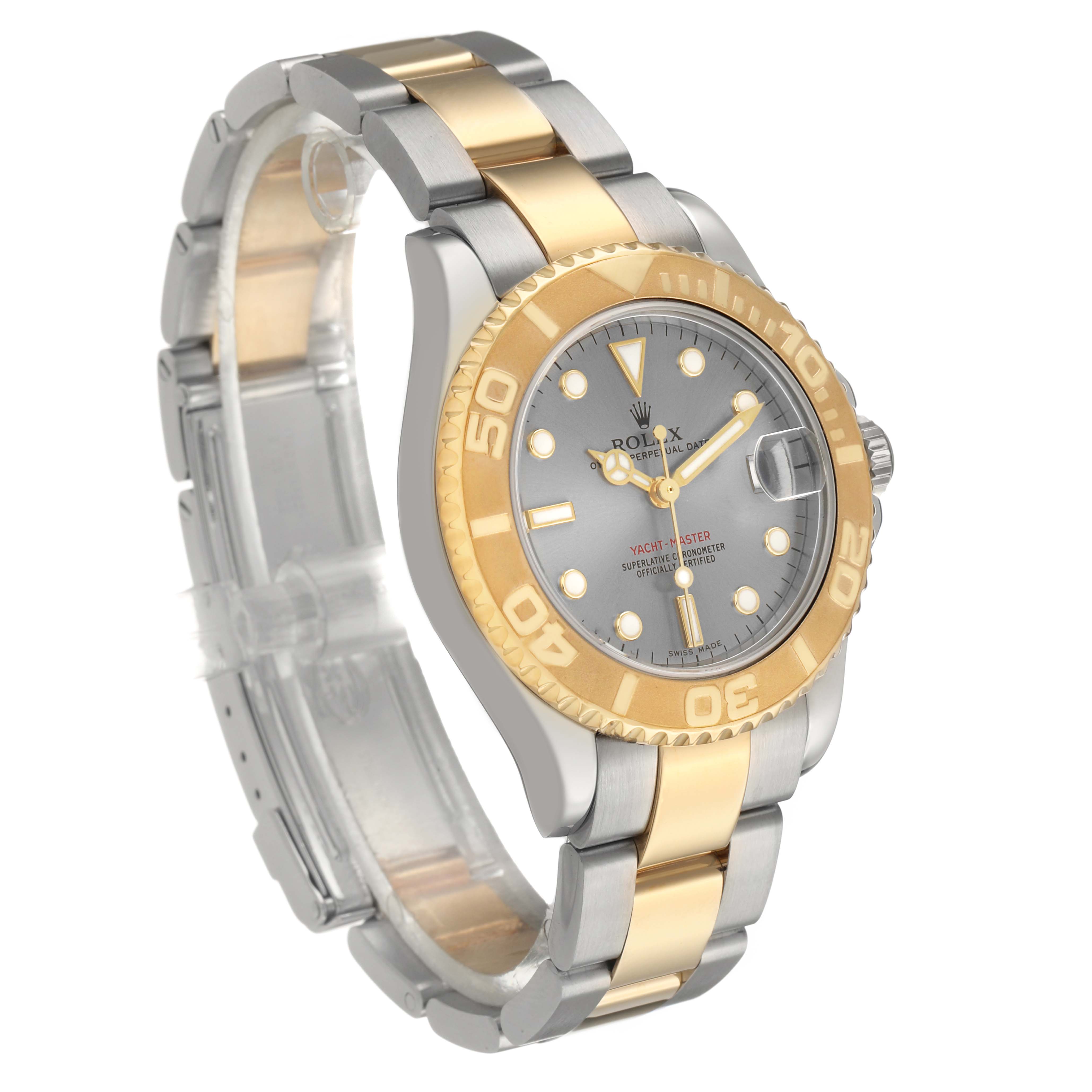 The Rolex Yacht-Master 168623 Men's Steel and Gold (two tone) Grey Dial watch is shown at a three-quarter angle, highlighting the gold and silver bracelet and bezel.