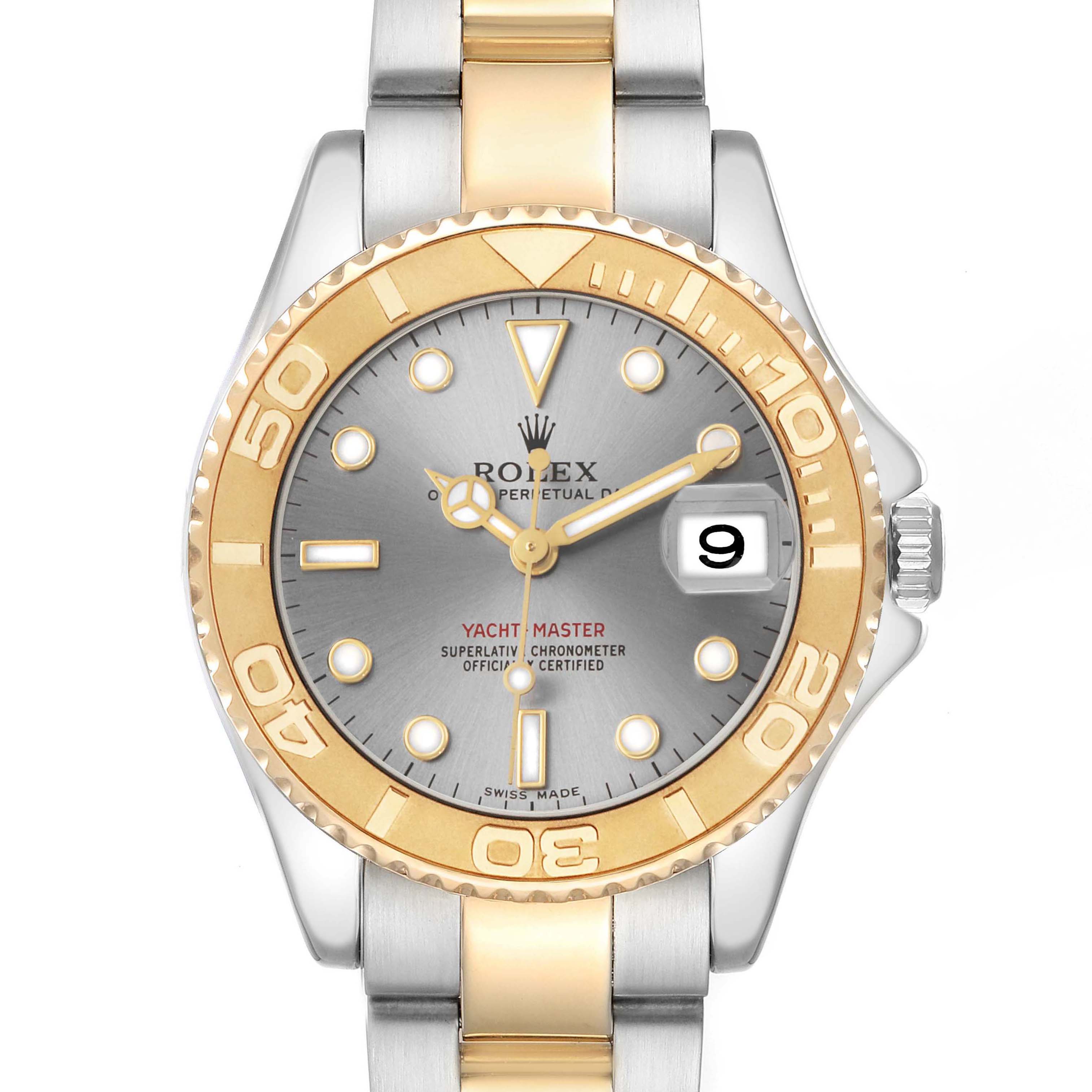The image shows a frontal view of a Rolex Yacht-Master 168623 Men's Steel and Gold (two tone) Grey Dial watch, highlighting the dial, bezel, and bracelet.