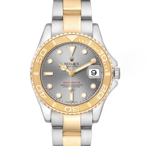 The image shows a front view of the Rolex Yacht-Master 168623 Men's Steel and Gold (two tone) Grey Dial watch, highlighting the bezel, dial, hands, and bracelet.