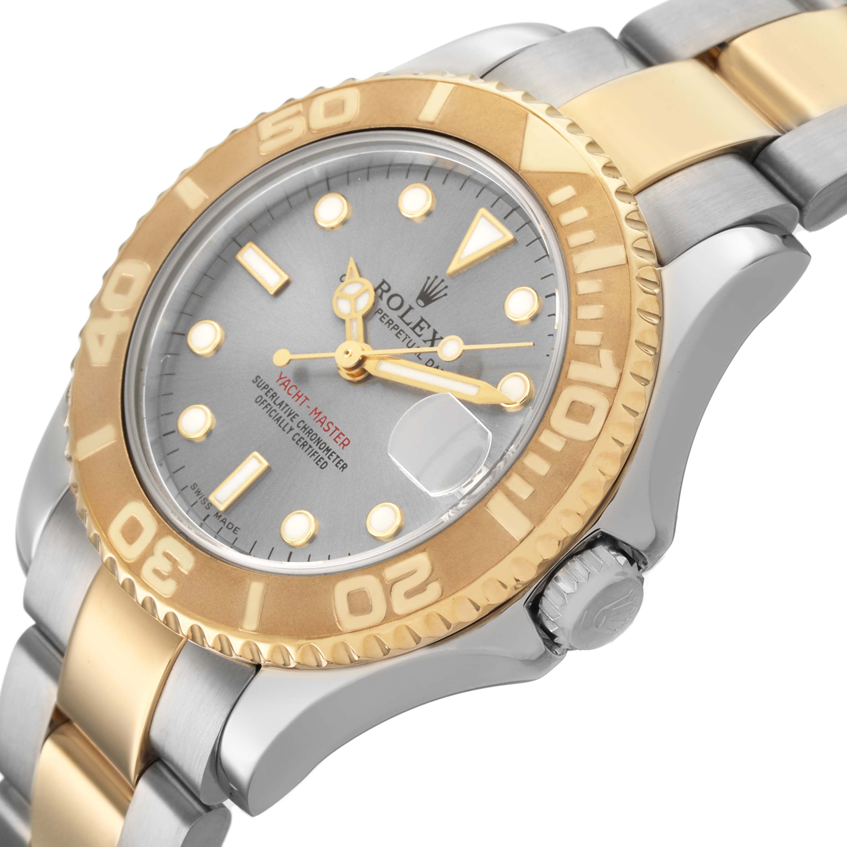 The image shows a Rolex Yacht-Master 168623 Men's Steel and Gold (two tone) Grey Dial watch at a tilted angle, highlighting the bezel, dial, and part of the bracelet.