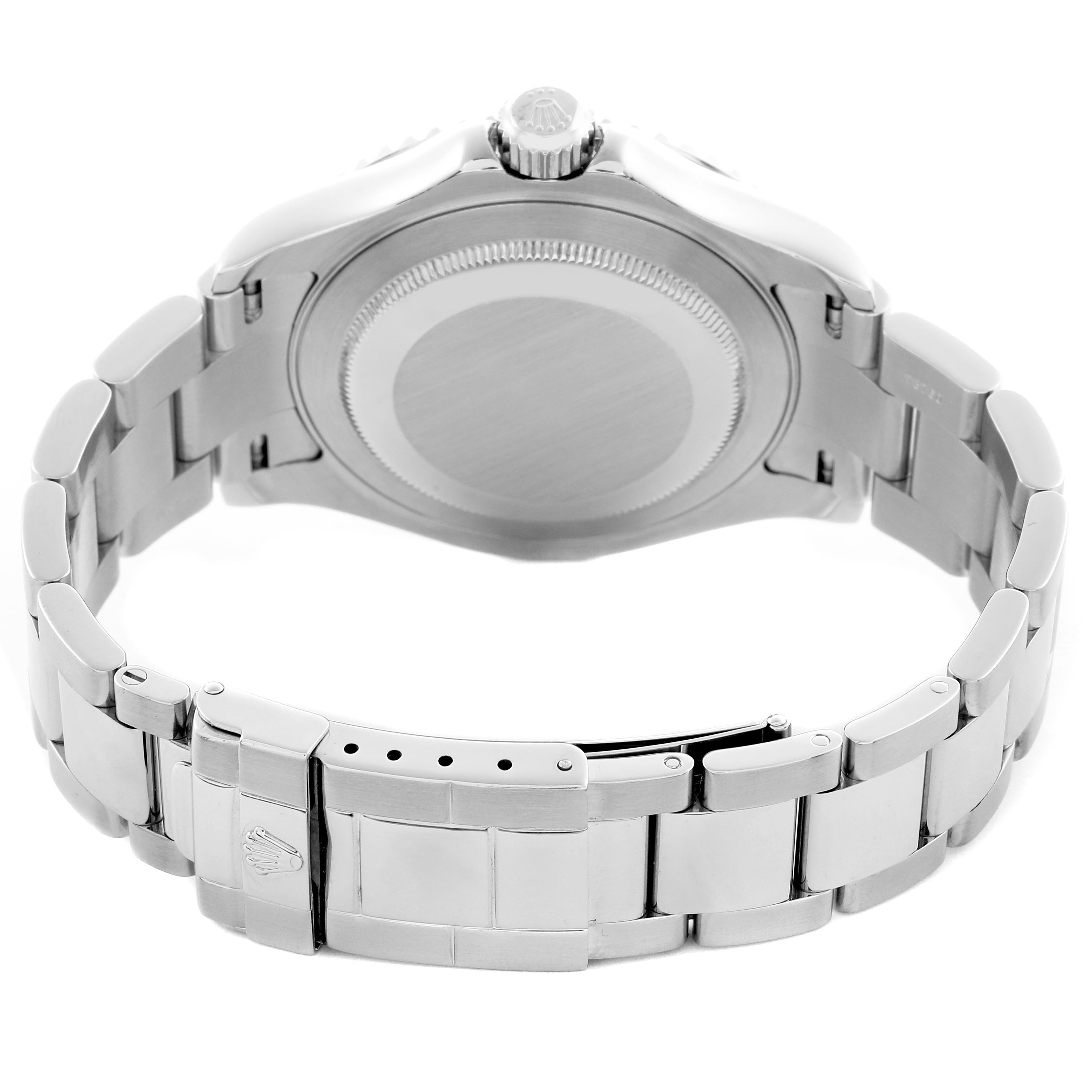 The image shows the back view of a Rolex Yacht-Master 16622 Men
s Stainless Steel Silver Dial 16622 Men
s Stainless Steel Silver Dial, highlighting the watch
s case back and metal bracelet clasp.
