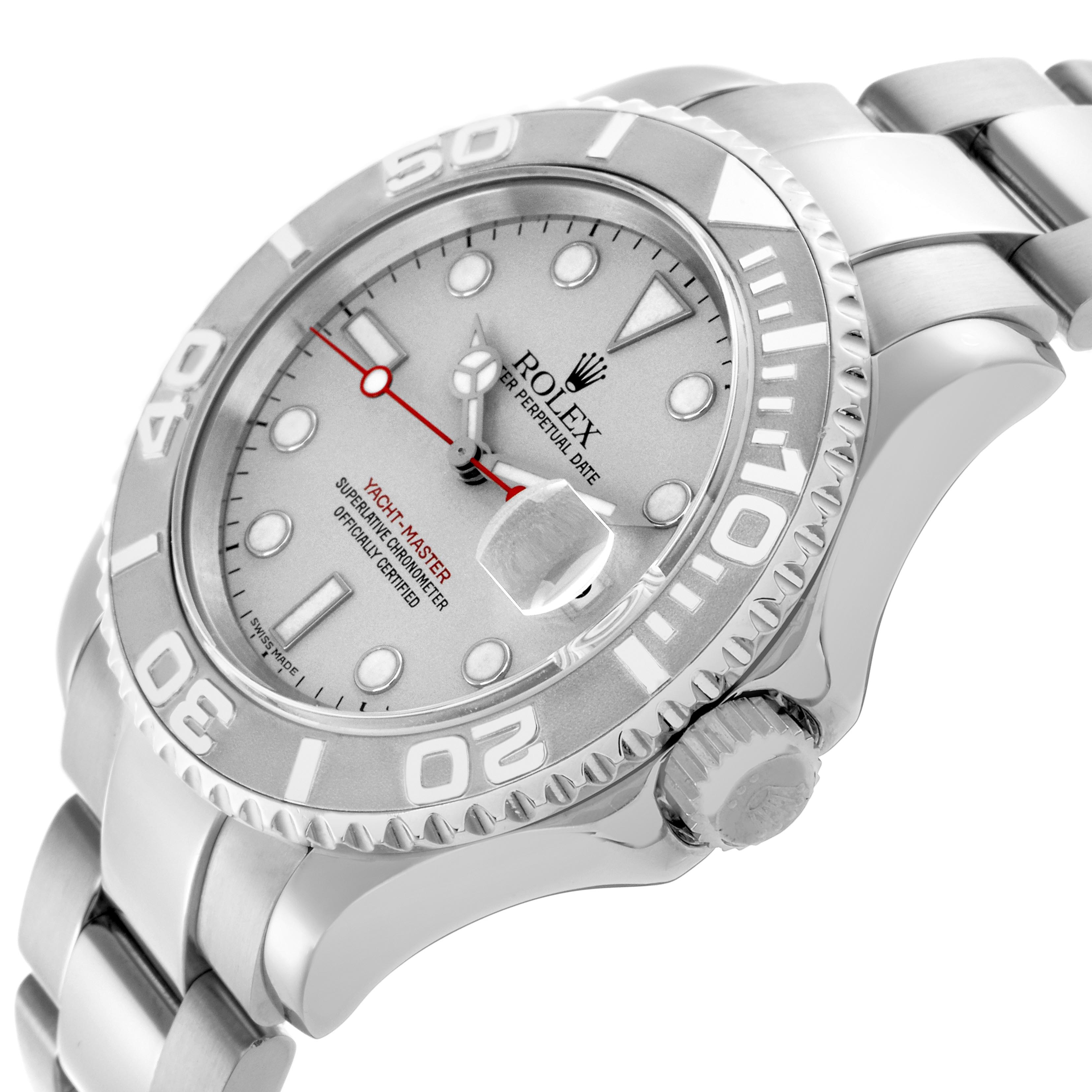 The Rolex Yacht-Master 16622 Men
s Stainless Steel Silver Dial 16622 Men
s Stainless Steel Silver Dial watch is viewed at an angle showing the bezel, crown, dial, and part of the bracelet.