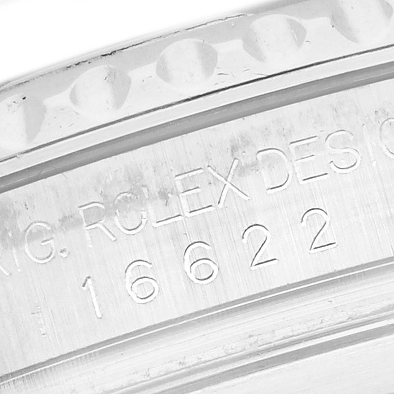 The image shows a close-up of the engraved side case with the reference number of a Rolex Yacht-Master 16622 Men
s Stainless Steel Silver Dial 16622 Men
s Stainless Steel Silver Dial watch.