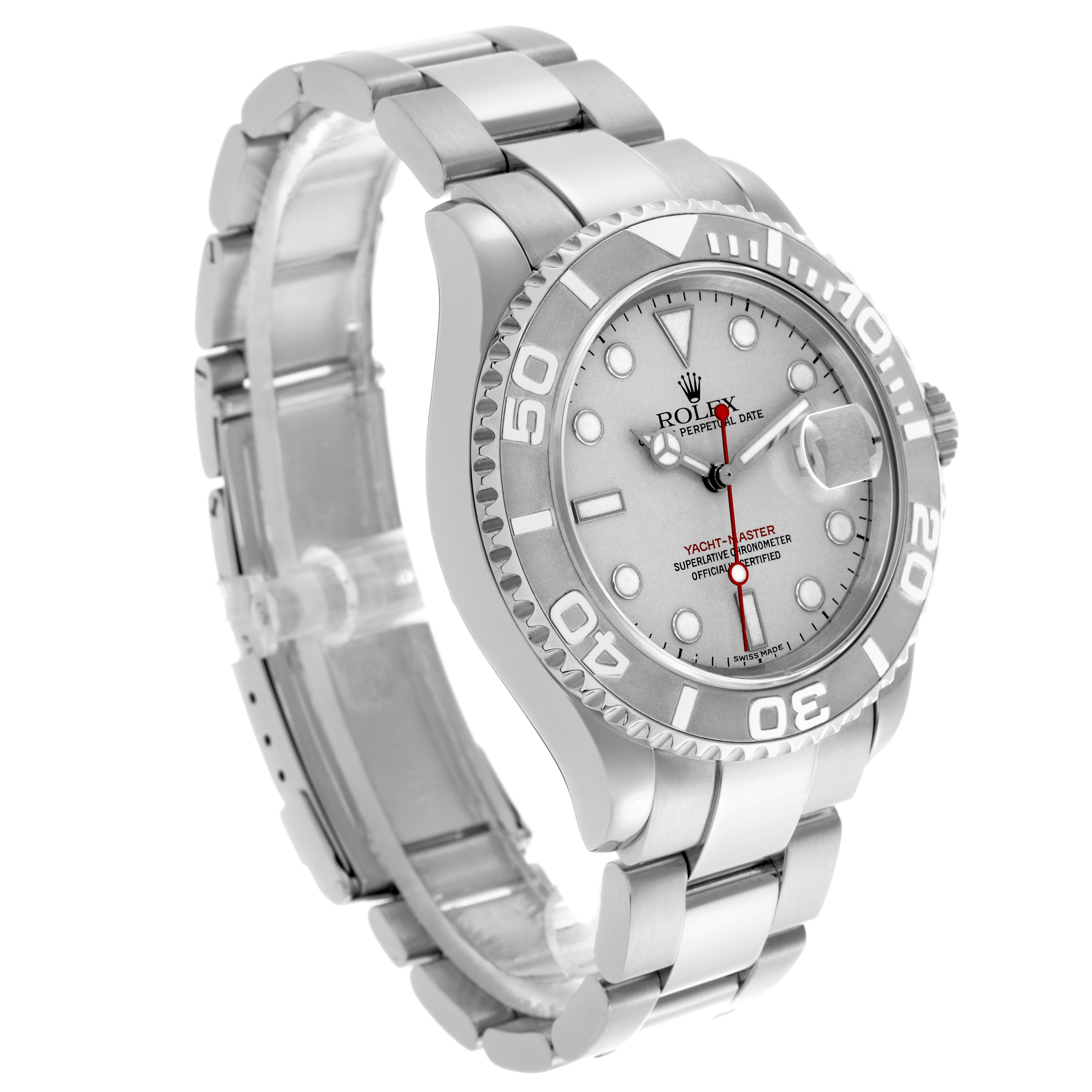 The Rolex Yacht-Master 16622 Men
s Stainless Steel Silver Dial 16622 Men
s Stainless Steel Silver Dial watch is shown at a 3/4 angle, displaying the face, bezel, case, and bracelet.