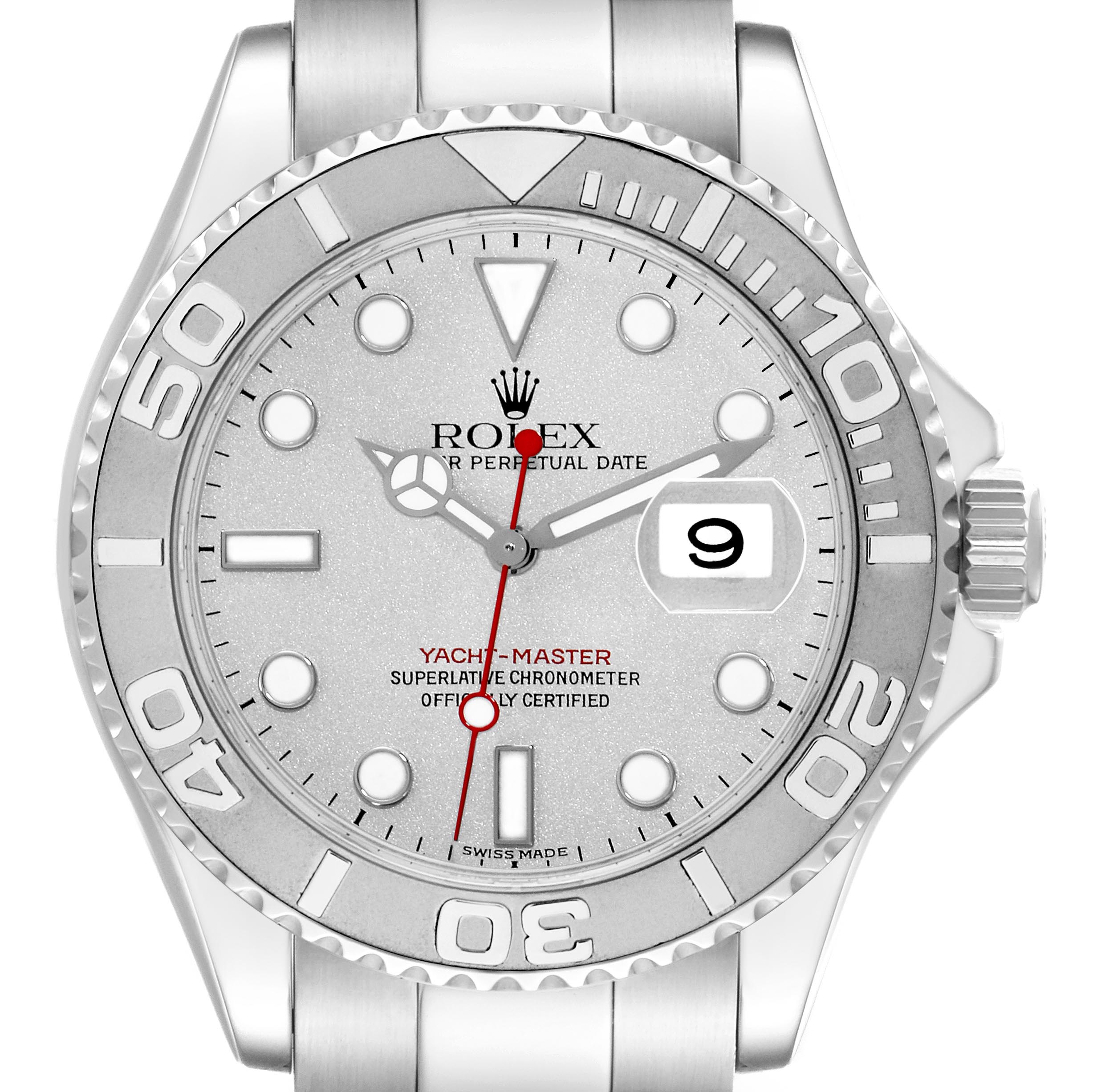 The image shows a front view of the Rolex Yacht-Master 16622 Men
s Stainless Steel Silver Dial 16622 Men
s Stainless Steel Silver Dial watch, highlighting the bezel, dial, and date window.