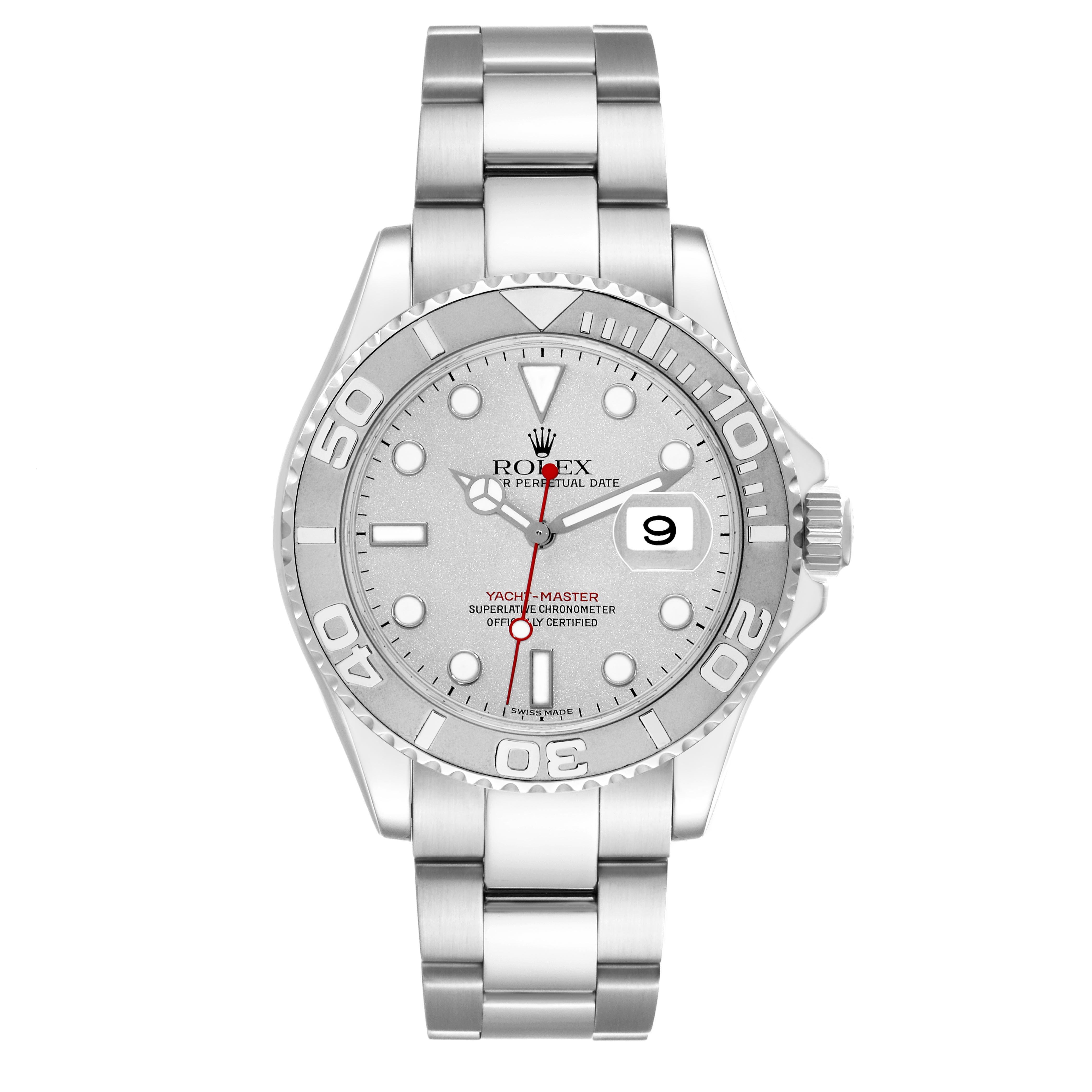 The image shows a frontal view of the Rolex Yacht-Master 16622 Men
s Stainless Steel Silver Dial 16622 Men
s Stainless Steel Silver Dial watch, displaying the dial, bezel, bracelet, and crown clearly.