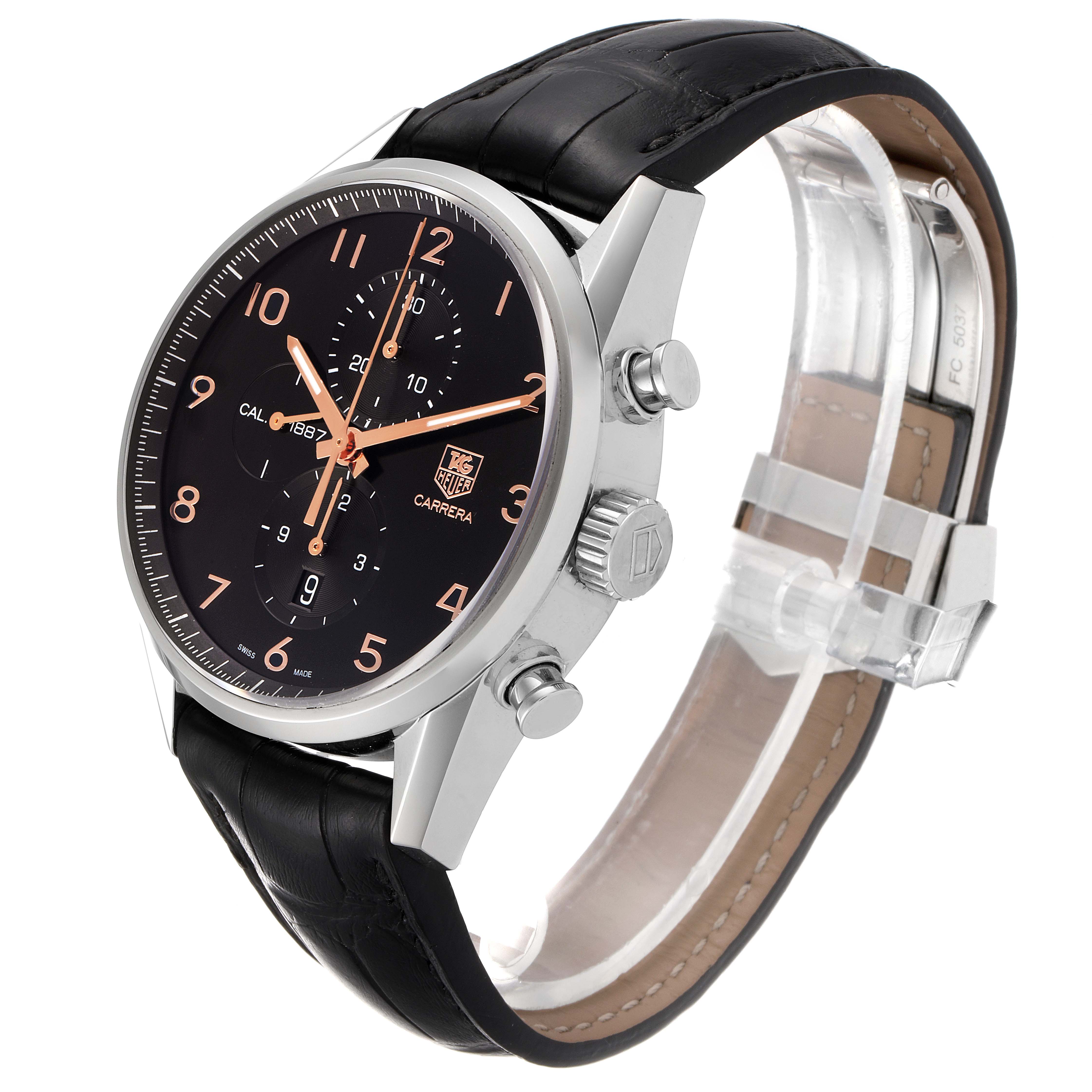 The Tag Heuer Carrera CAR2014.BA0796 Men
s Stainless Steel Black Dial CAR2014.BA0796 Men
s Stainless Steel Black Dial watch is shown at an angled side view, displaying its black dial, silver case, crown, and leather strap.