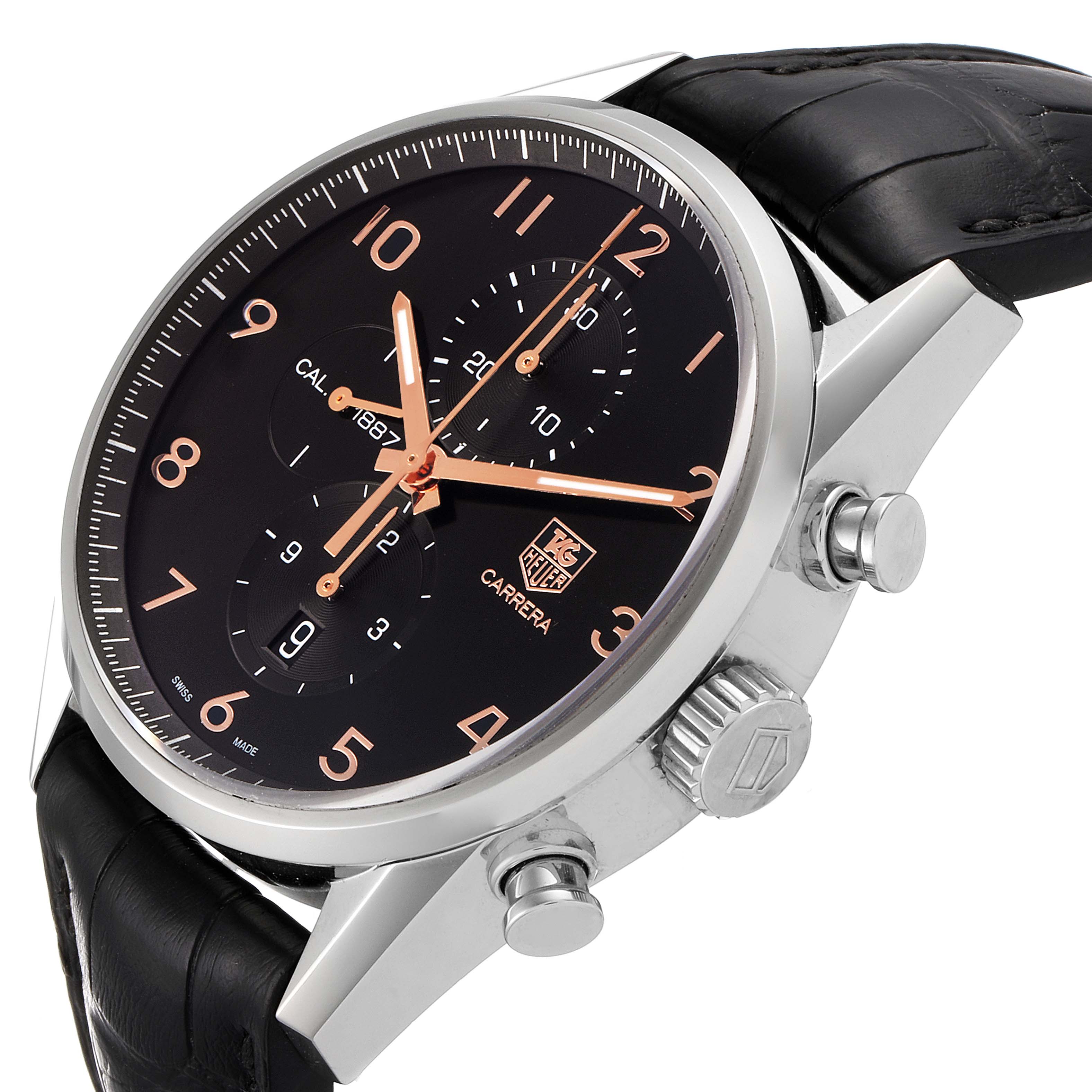 This Tag Heuer Carrera CAR2014.BA0796 Men
s Stainless Steel Black Dial CAR2014.BA0796 Men
s Stainless Steel Black Dial watch is shown from a side angle, highlighting its black dial, chronograph features, and silver case with a leather strap.