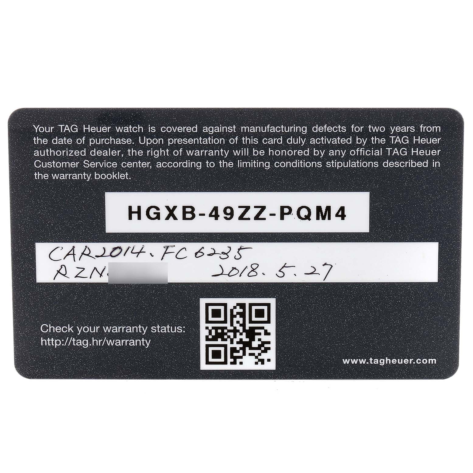 This is an image of the warranty card for the Tag Heuer Carrera CAR2014.BA0796 Men
s Stainless Steel Black Dial CAR2014.BA0796 Men
s Stainless Steel Black Dial model watch.