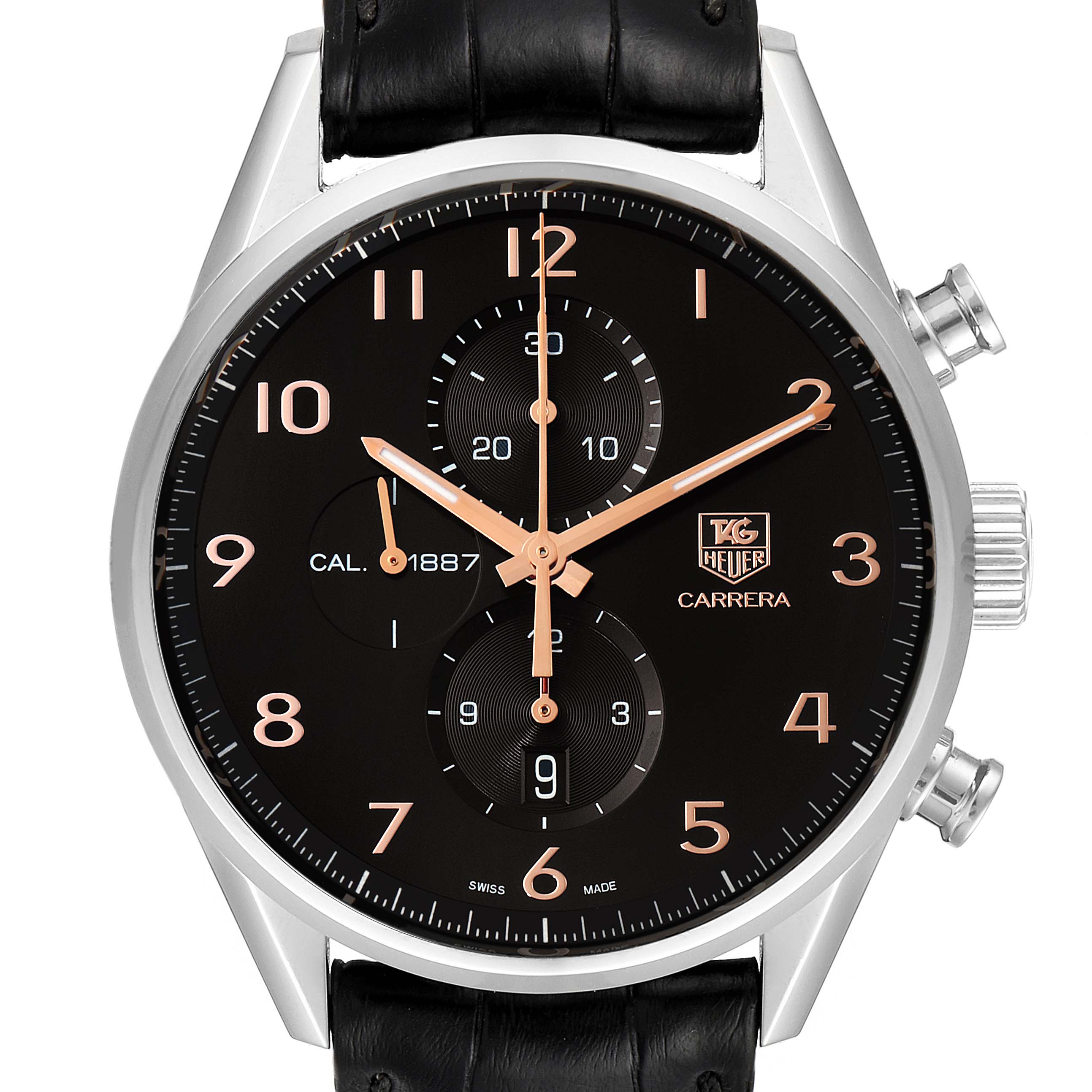 The image shows a front view of a Tag Heuer Carrera CAR2014.BA0796 Men
s Stainless Steel Black Dial CAR2014.BA0796 Men
s Stainless Steel Black Dial watch, highlighting the dial, hands, and crown.