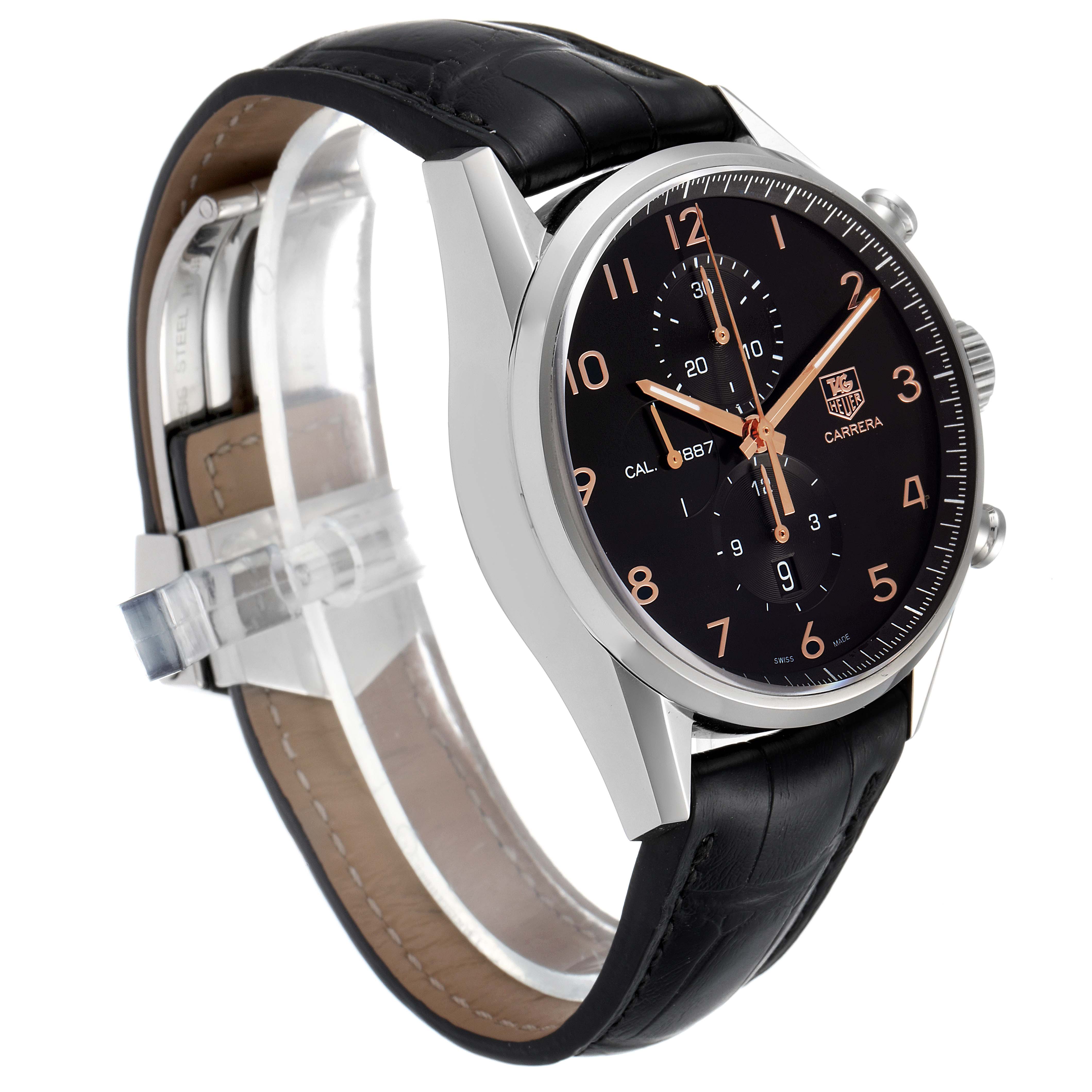 The image shows a side angle of the Tag Heuer Carrera CAR2014.BA0796 Men
s Stainless Steel Black Dial CAR2014.BA0796 Men
s Stainless Steel Black Dial watch, highlighting its black leather strap, black dial, and stainless steel case.