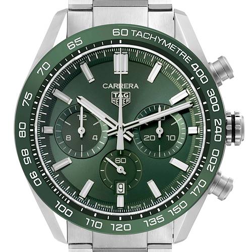 The image shows a front view of a Tag Heuer Carrera CBN2A1N.BA0643 Men's Stainless Steel Green Dial watch, highlighting its green tachymeter bezel and chronograph sub-dials.