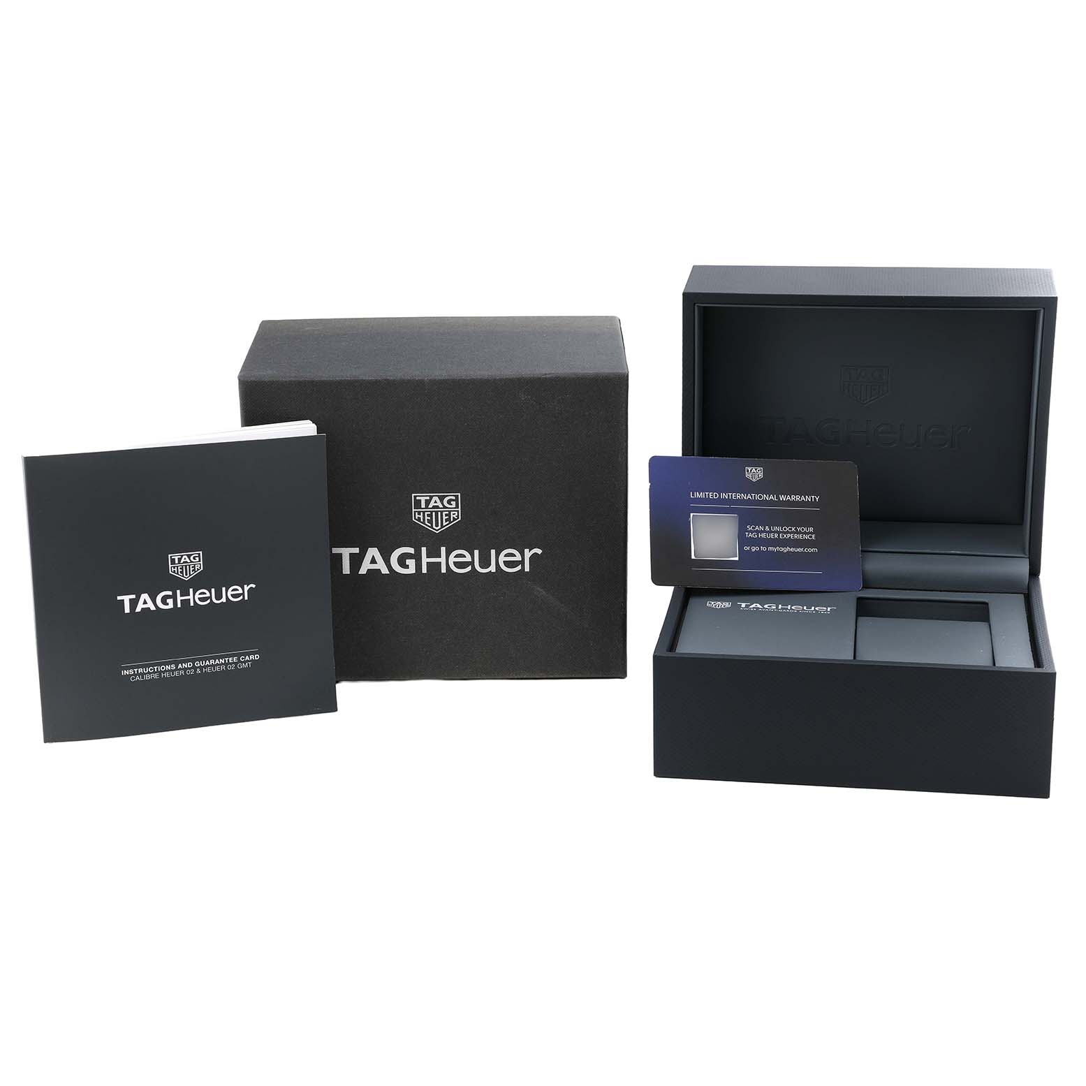 The image shows a Tag Heuer Carrera CBN2A1N.BA0643 Men's Stainless Steel Green Dial watch box, warranty card, and instruction booklet.