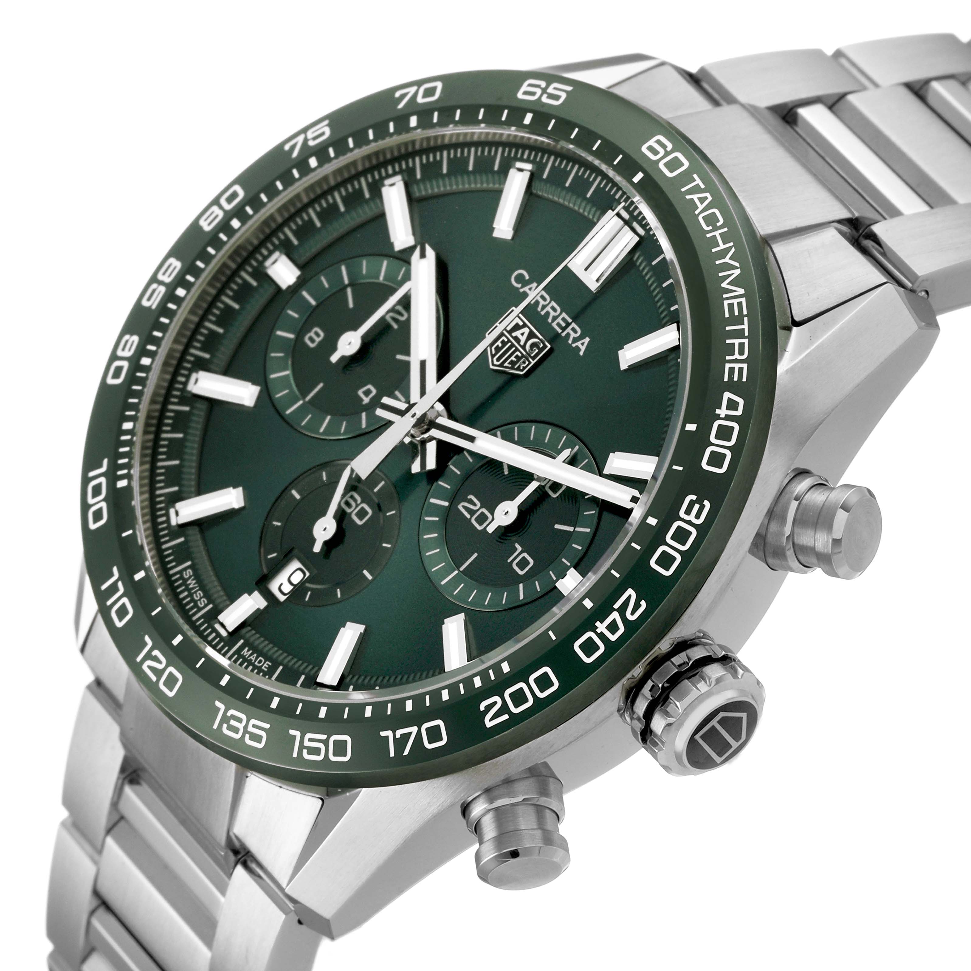 The image shows a Tag Heuer Carrera CBN2A1N.BA0643 Men's Stainless Steel Green Dial watch at an angled side view, highlighting the green dial, chronograph subdials, bezel, and bracelet.