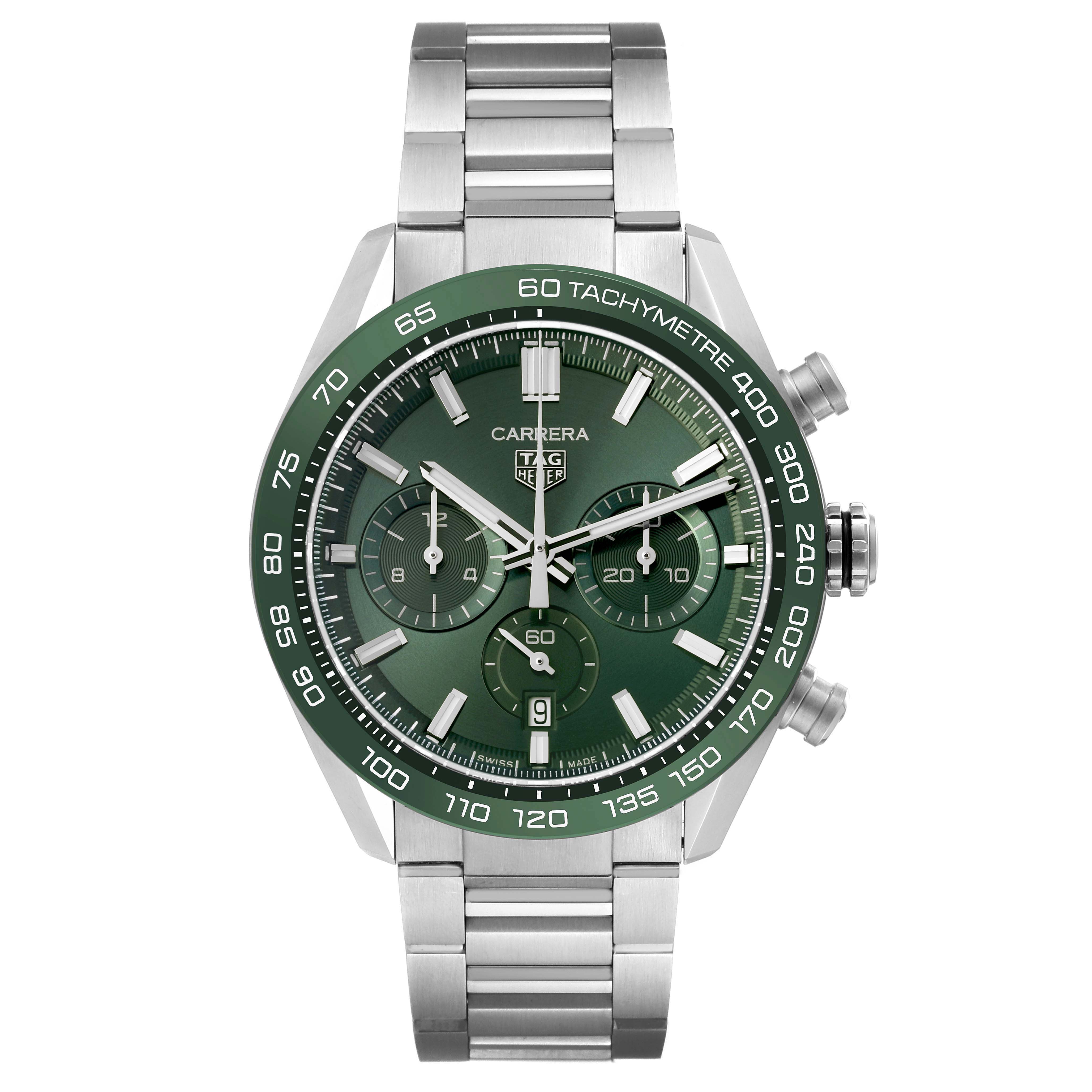 The Tag Heuer Carrera CBN2A1N.BA0643 Men's Stainless Steel Green Dial watch is shown from a frontal angle, highlighting the green dial, tachymeter bezel, and metal bracelet.