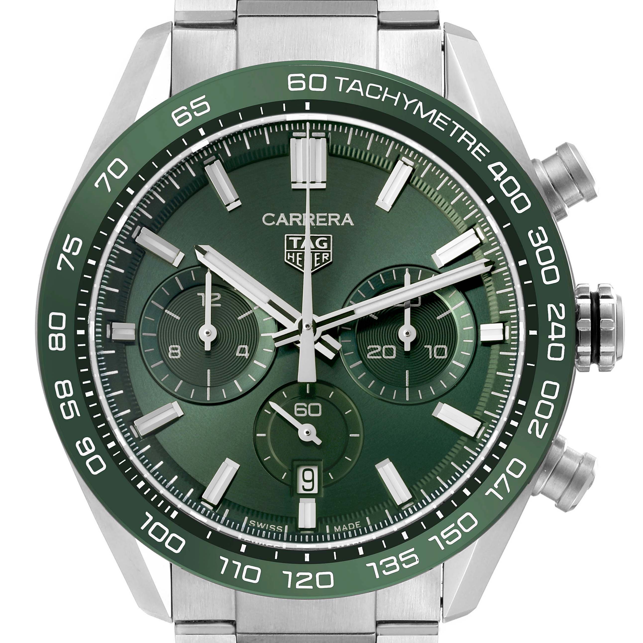 The Tag Heuer Carrera CBN2A1N.BA0643 Men's Stainless Steel Green Dial watch is shown from the front, highlighting its green tachymeter bezel and chronograph subdials.