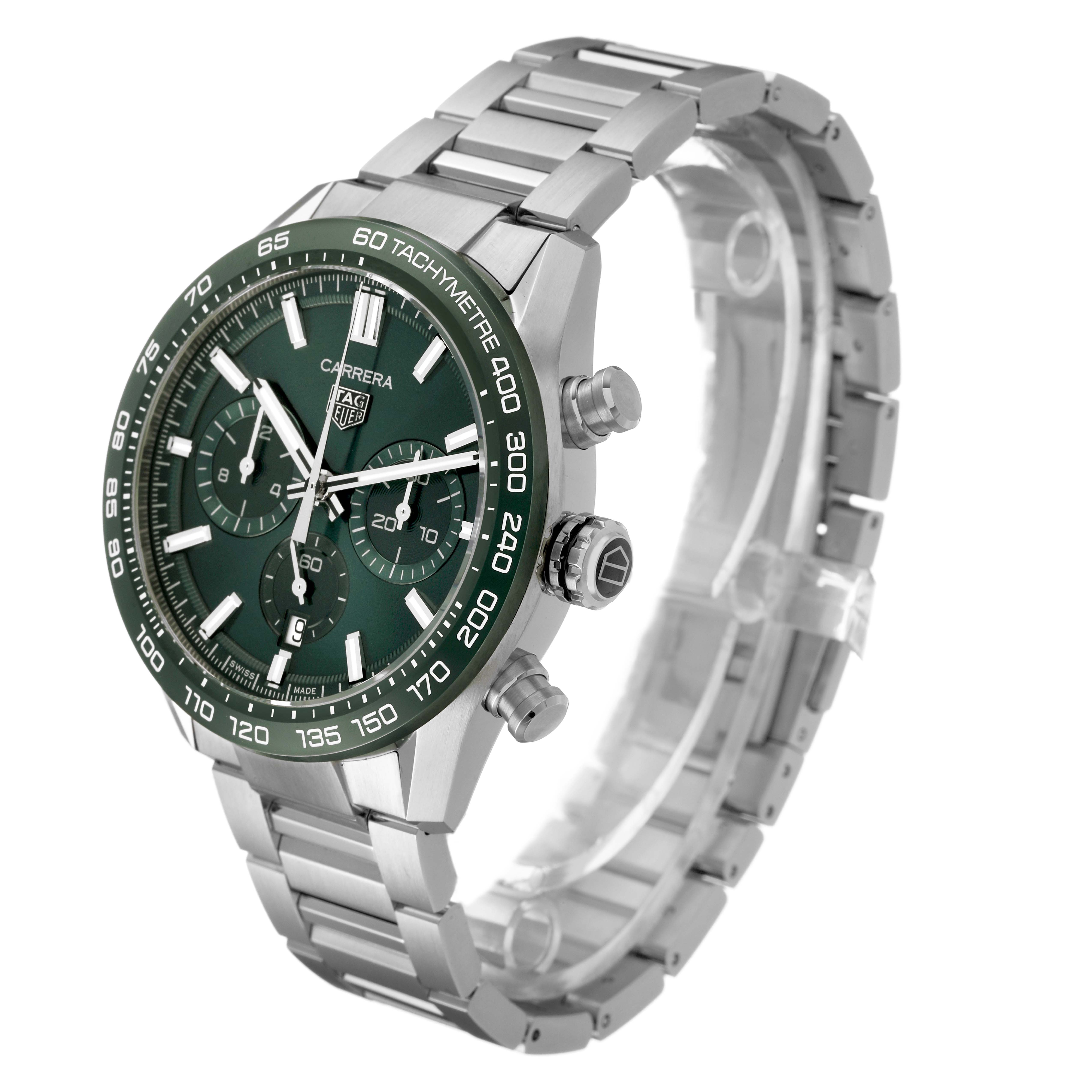The Tag Heuer Carrera CBN2A1N.BA0643 Men's Stainless Steel Green Dial watch is shown at an angle emphasizing the face, bracelet, and side buttons.